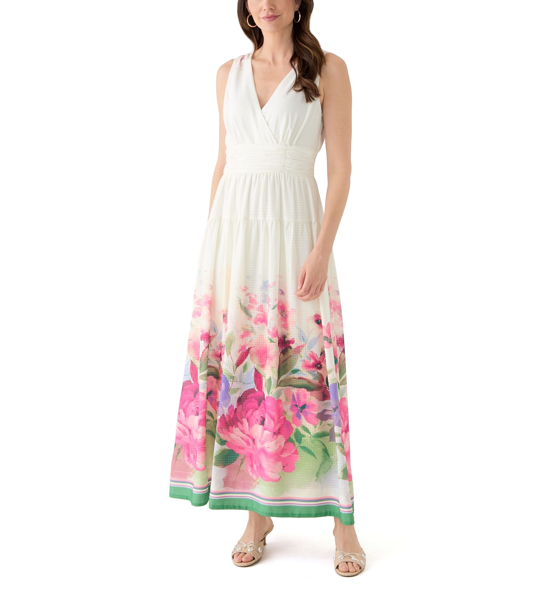 Womens Sleeveless V-Neck Floral Printed Chiffon Dress