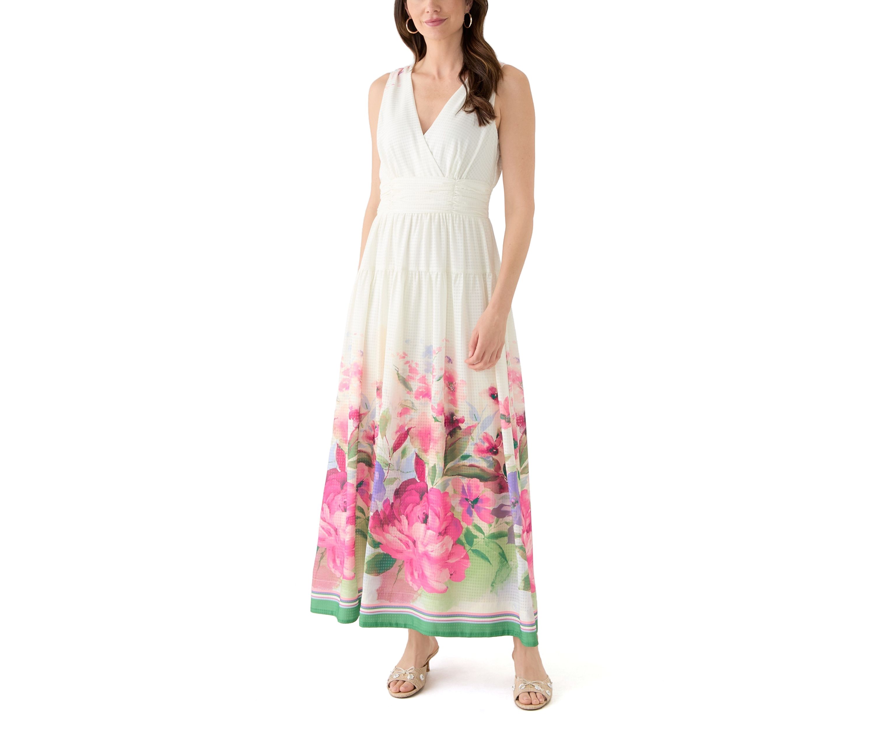 Womens Sleeveless V-Neck Floral Printed Chiffon Dress