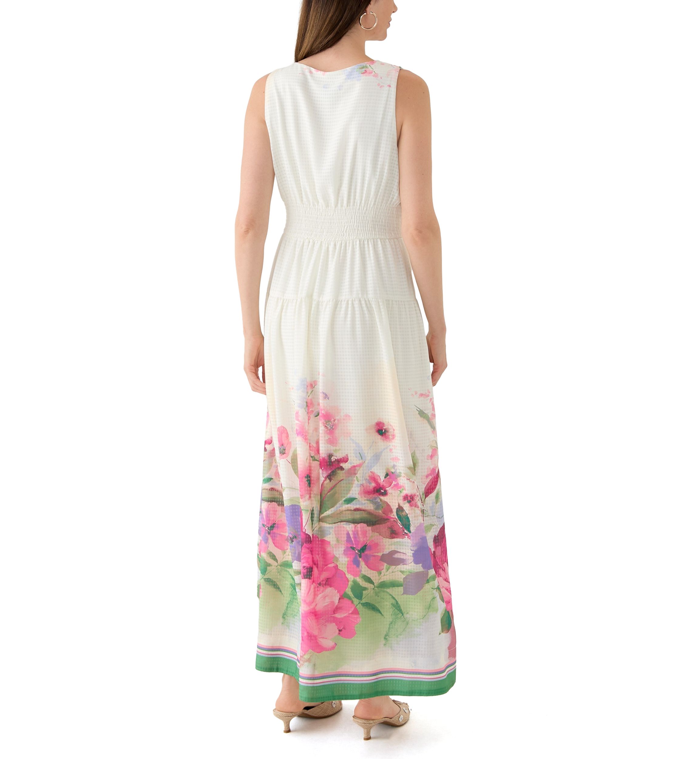 Womens Sleeveless V-Neck Floral Printed Chiffon Dress