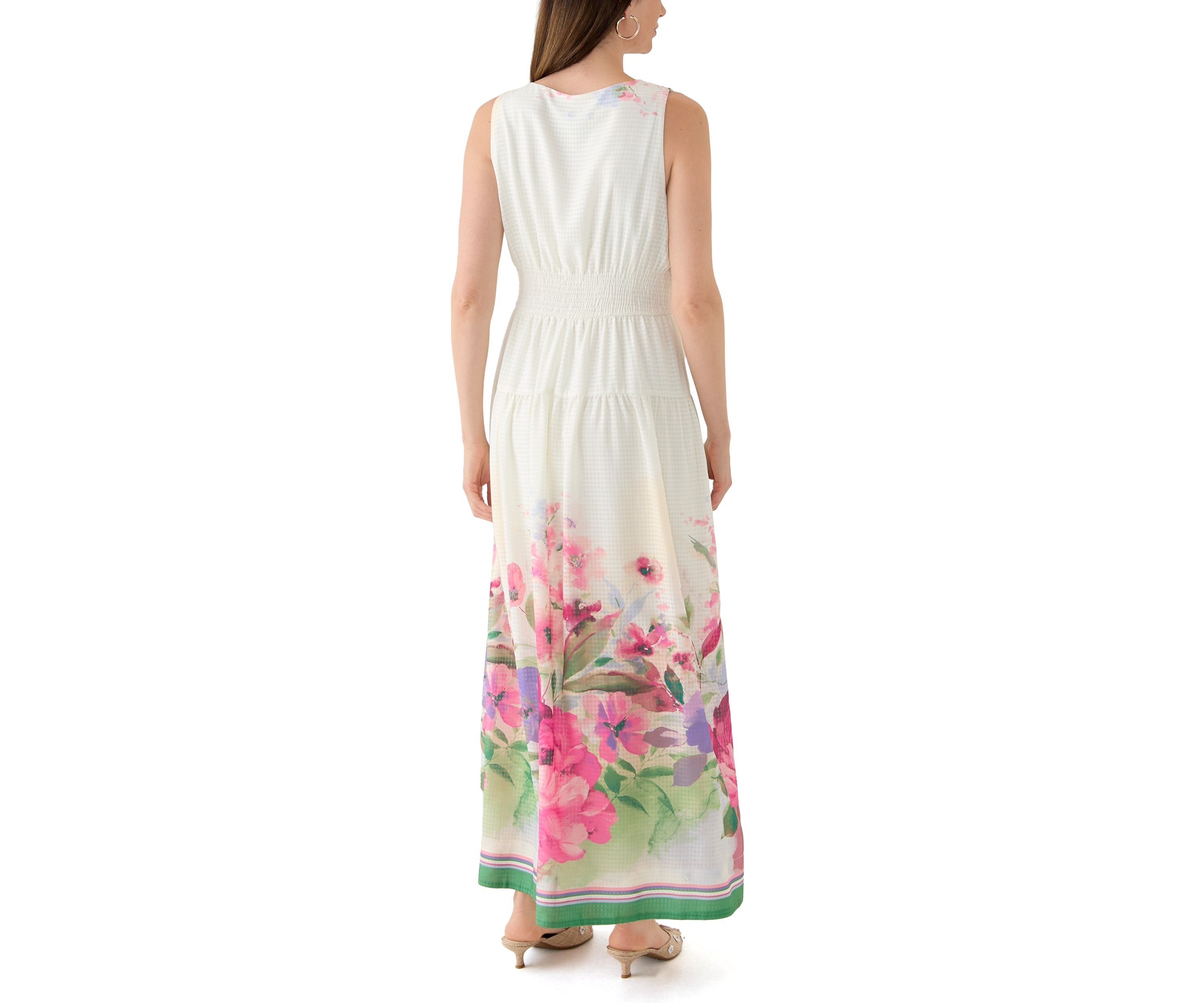 Womens Sleeveless V-Neck Floral Printed Chiffon Dress