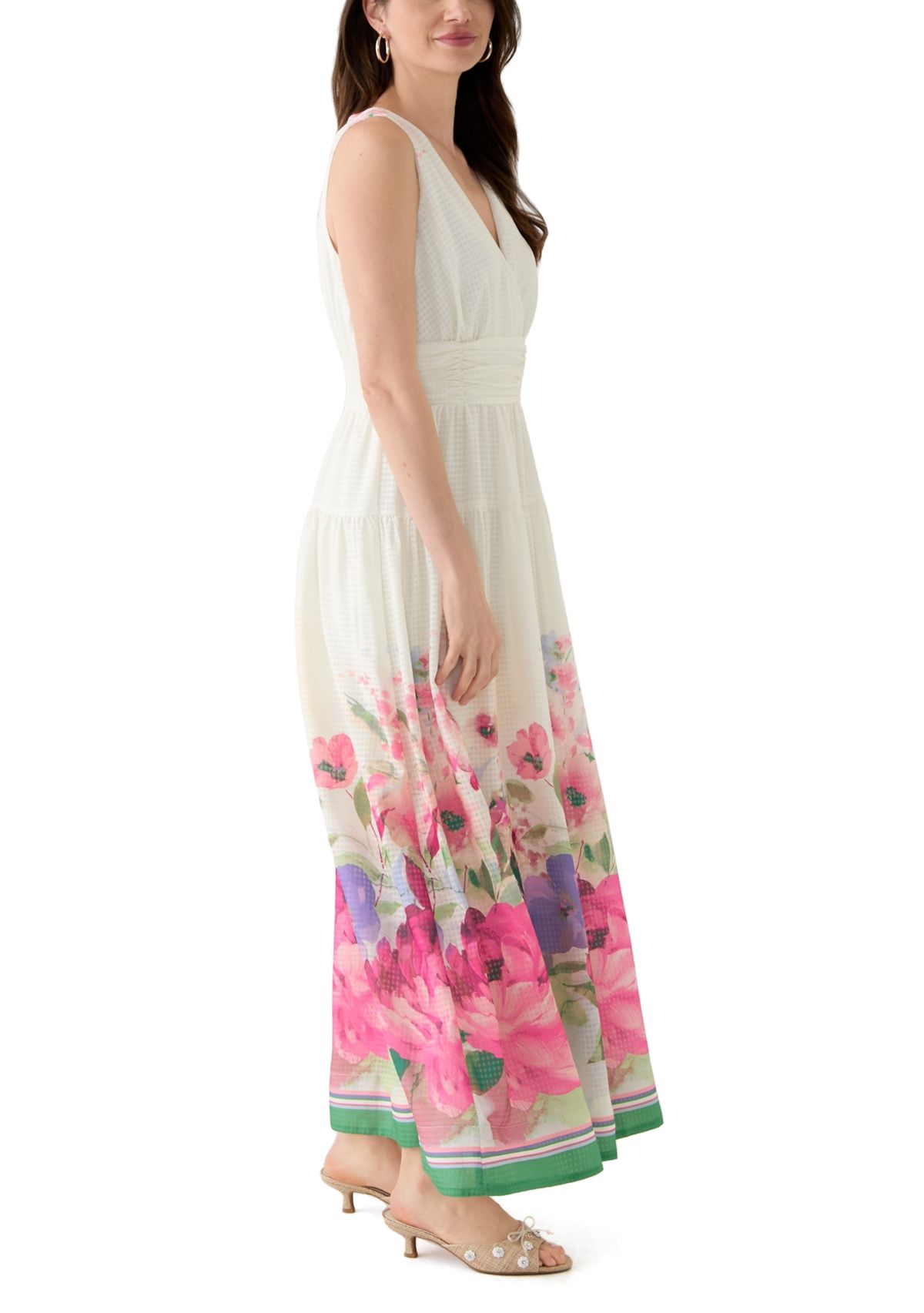 Womens Sleeveless V-Neck Floral Printed Chiffon Dress