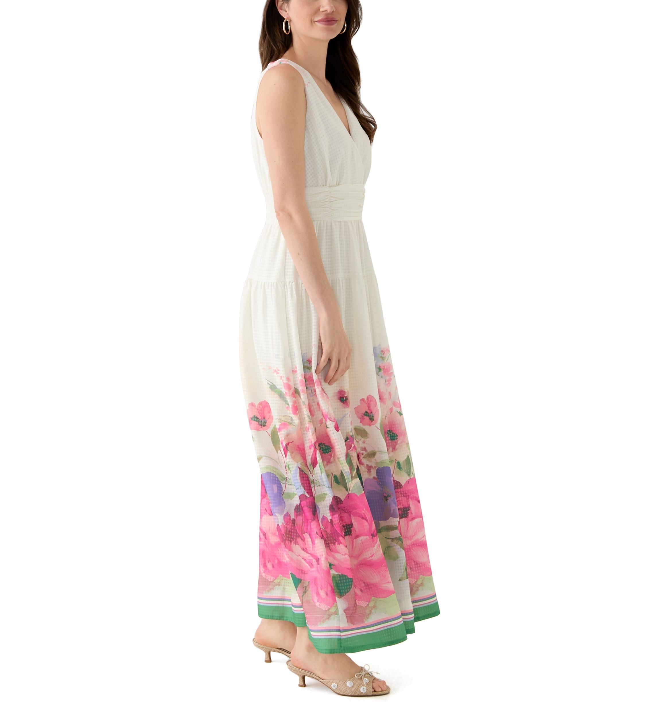 Womens Sleeveless V-Neck Floral Printed Chiffon Dress