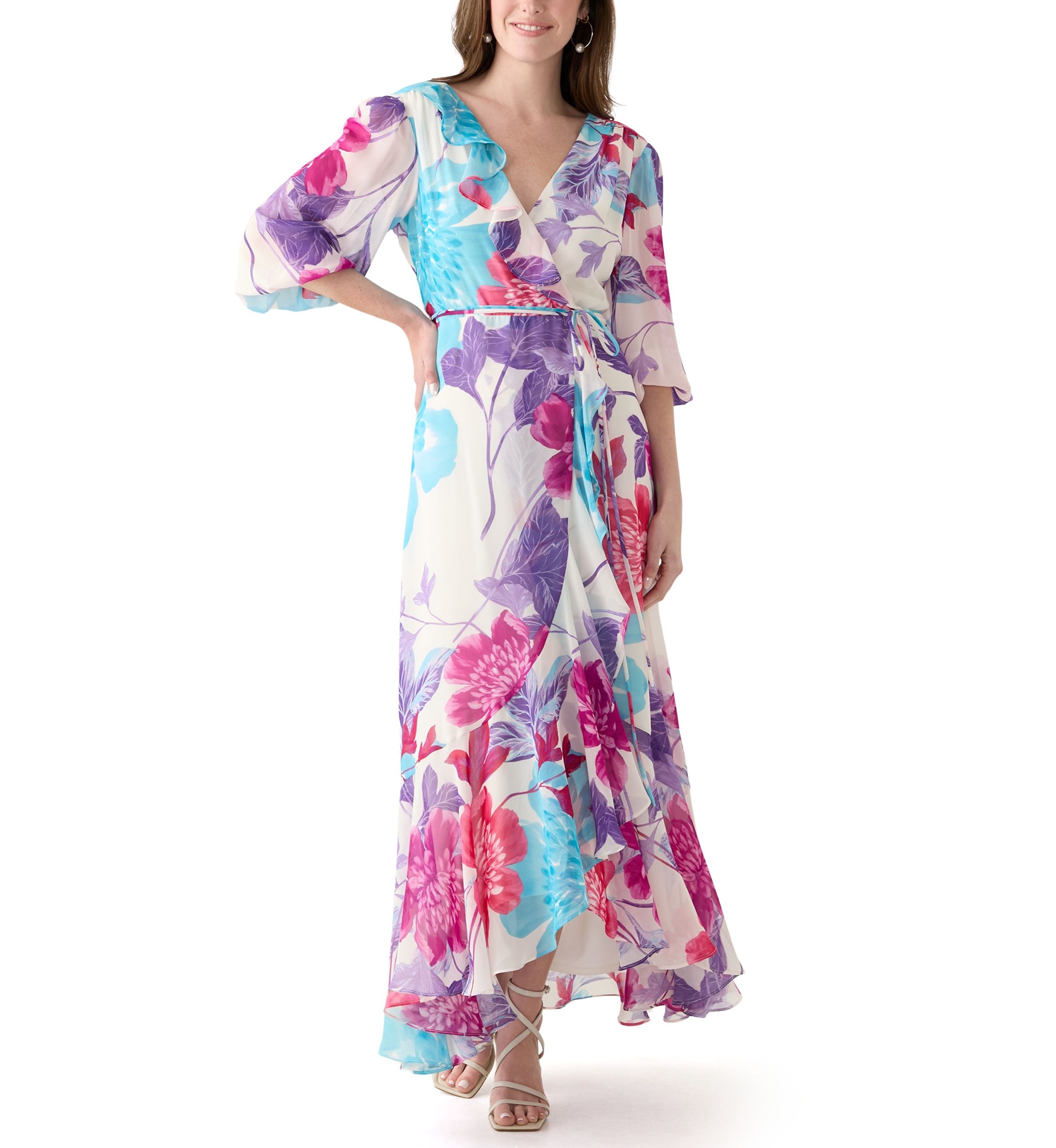 Womens 3/4 Sleeve V-Neck Floral Print Chiffon Maxi Dress