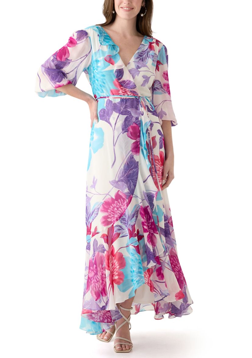 Womens 3/4 Sleeve V-Neck Floral Print Chiffon Maxi Dress