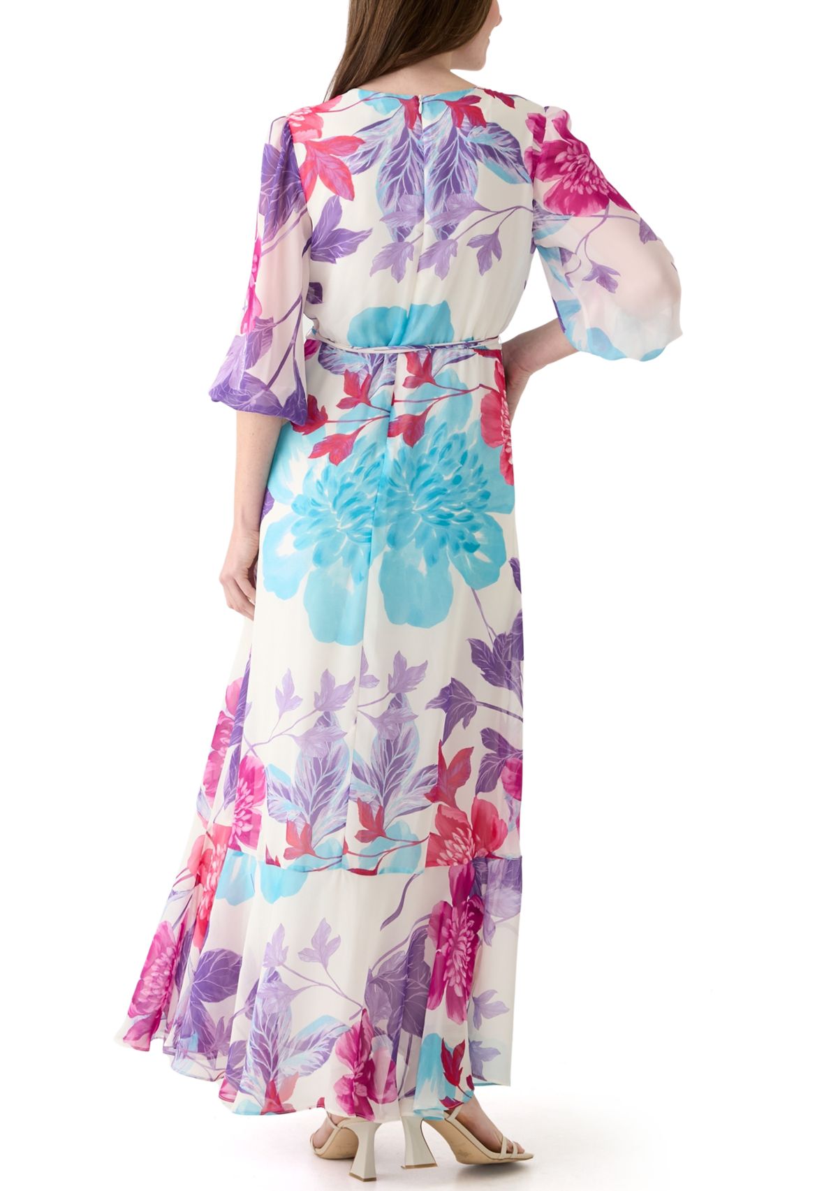 Womens 3/4 Sleeve V-Neck Floral Print Chiffon Maxi Dress