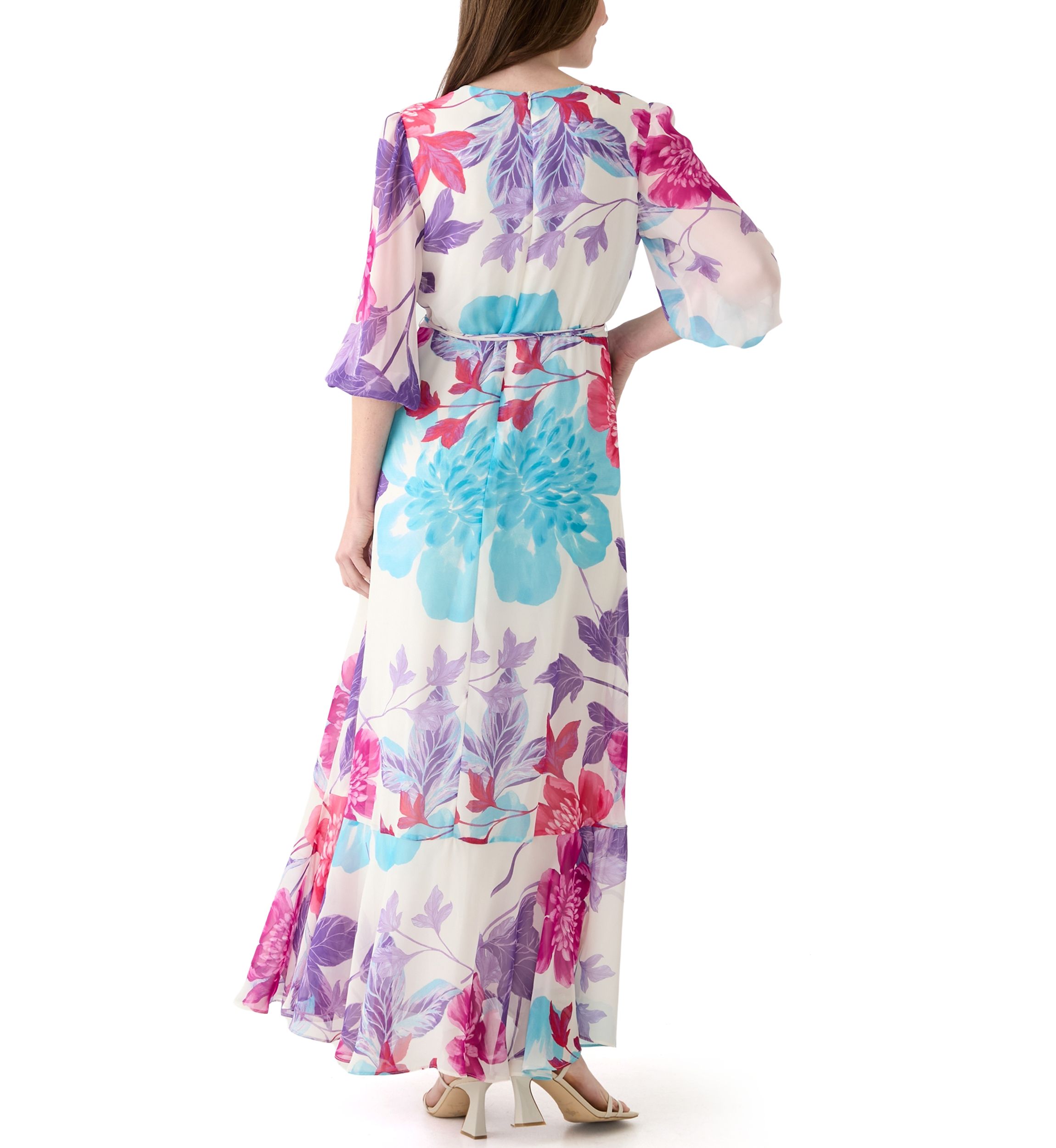 Womens 3/4 Sleeve V-Neck Floral Print Chiffon Maxi Dress