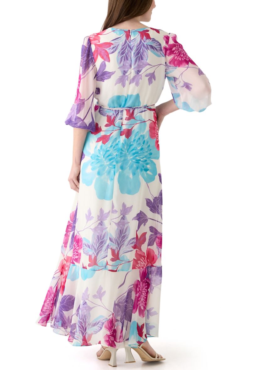 Womens 3/4 Sleeve V-Neck Floral Print Chiffon Maxi Dress