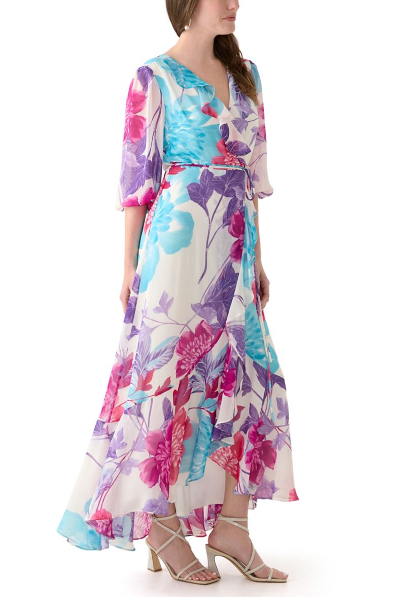 Womens 3/4 Sleeve V-Neck Floral Print Chiffon Maxi Dress