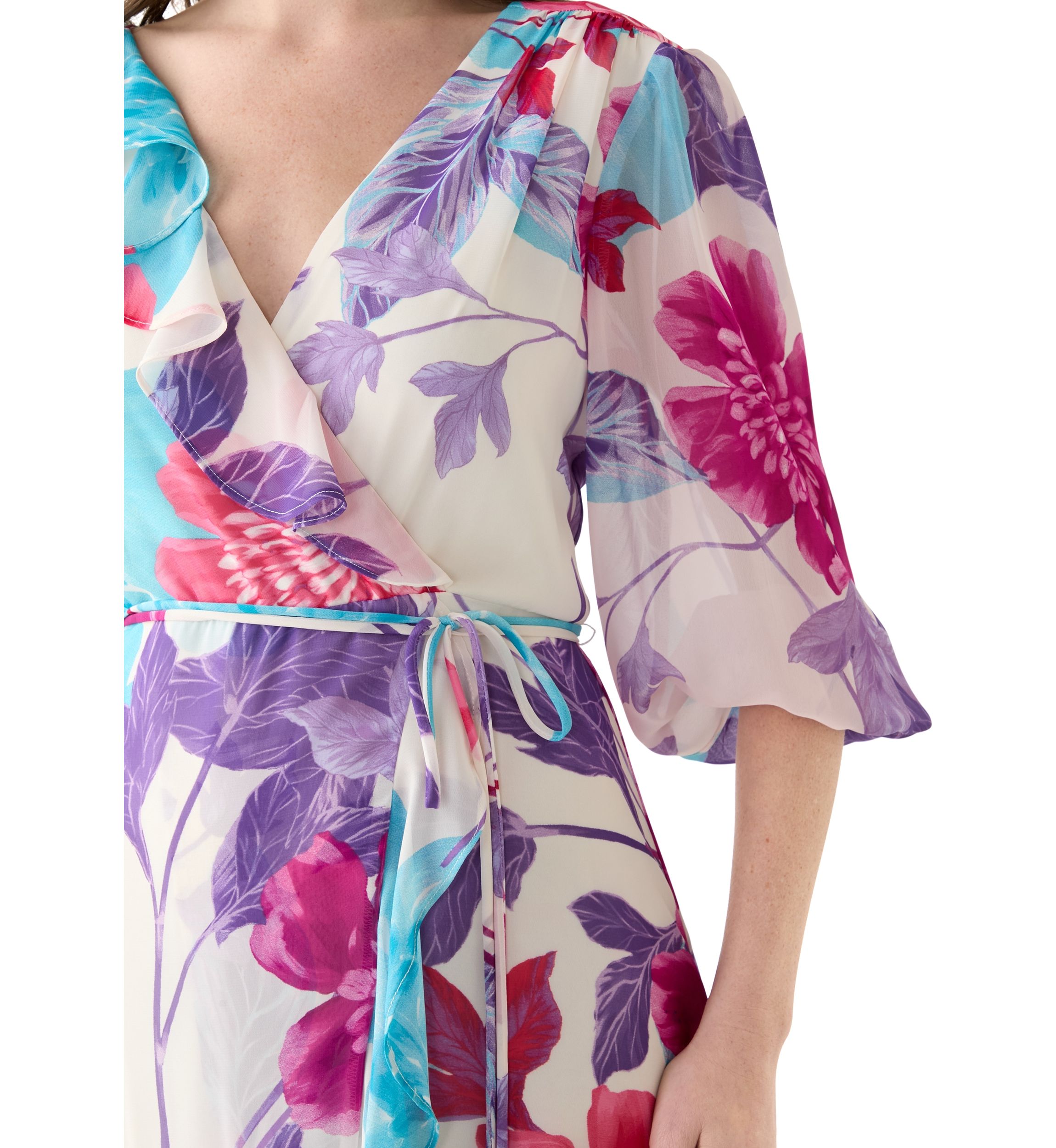 Womens 3/4 Sleeve V-Neck Floral Print Chiffon Maxi Dress