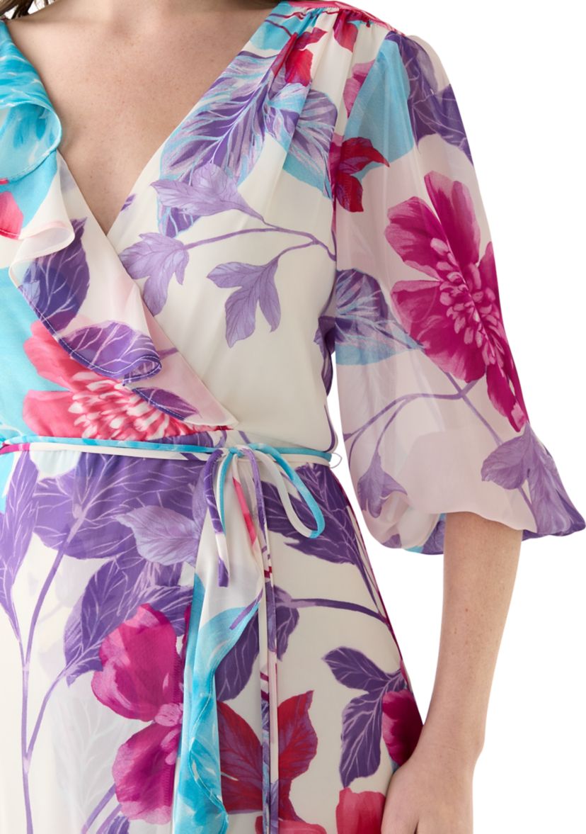 Womens 3/4 Sleeve V-Neck Floral Print Chiffon Maxi Dress