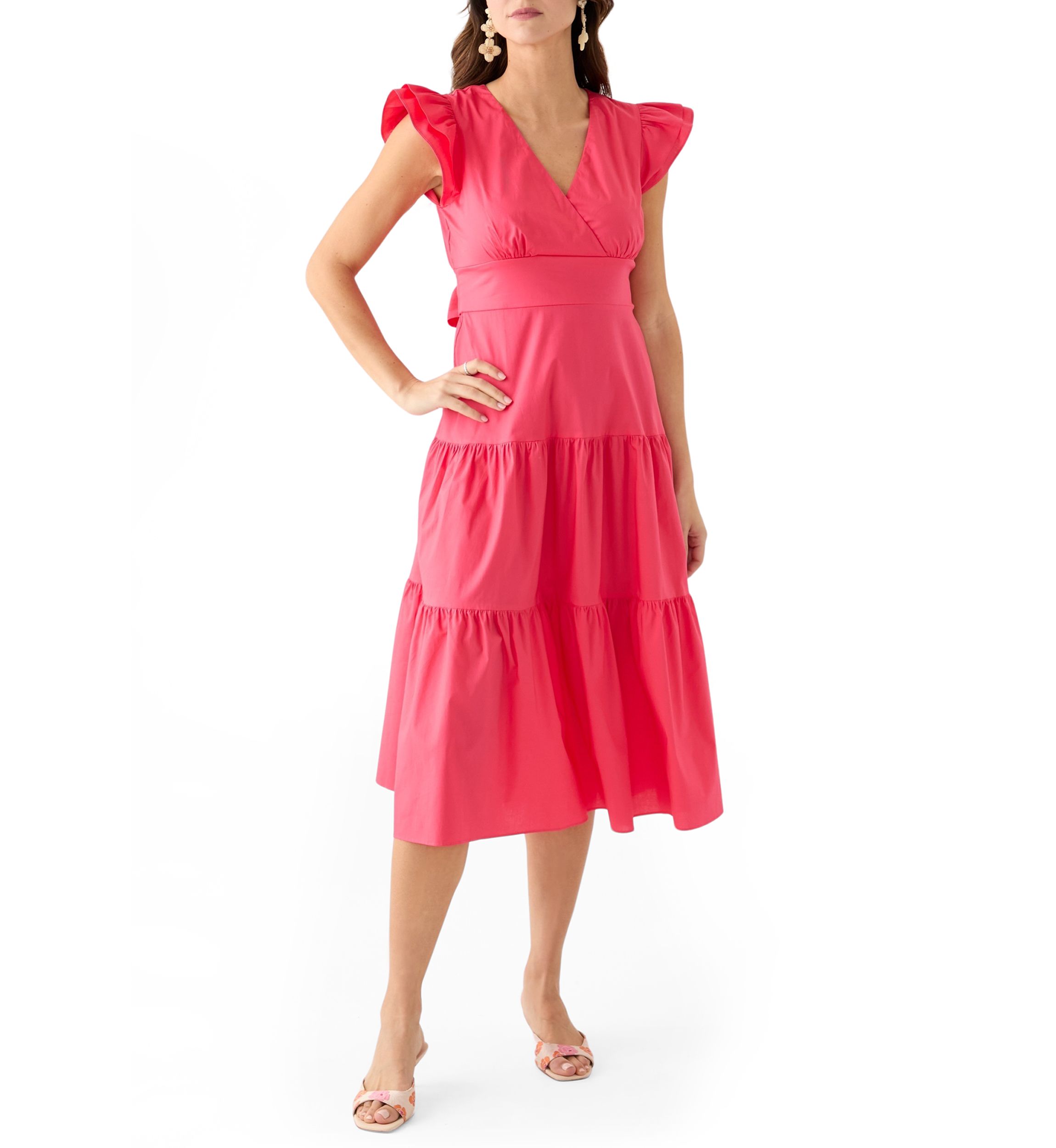 Womens Flutter Sleeve V-Neck Solid Midi Dress