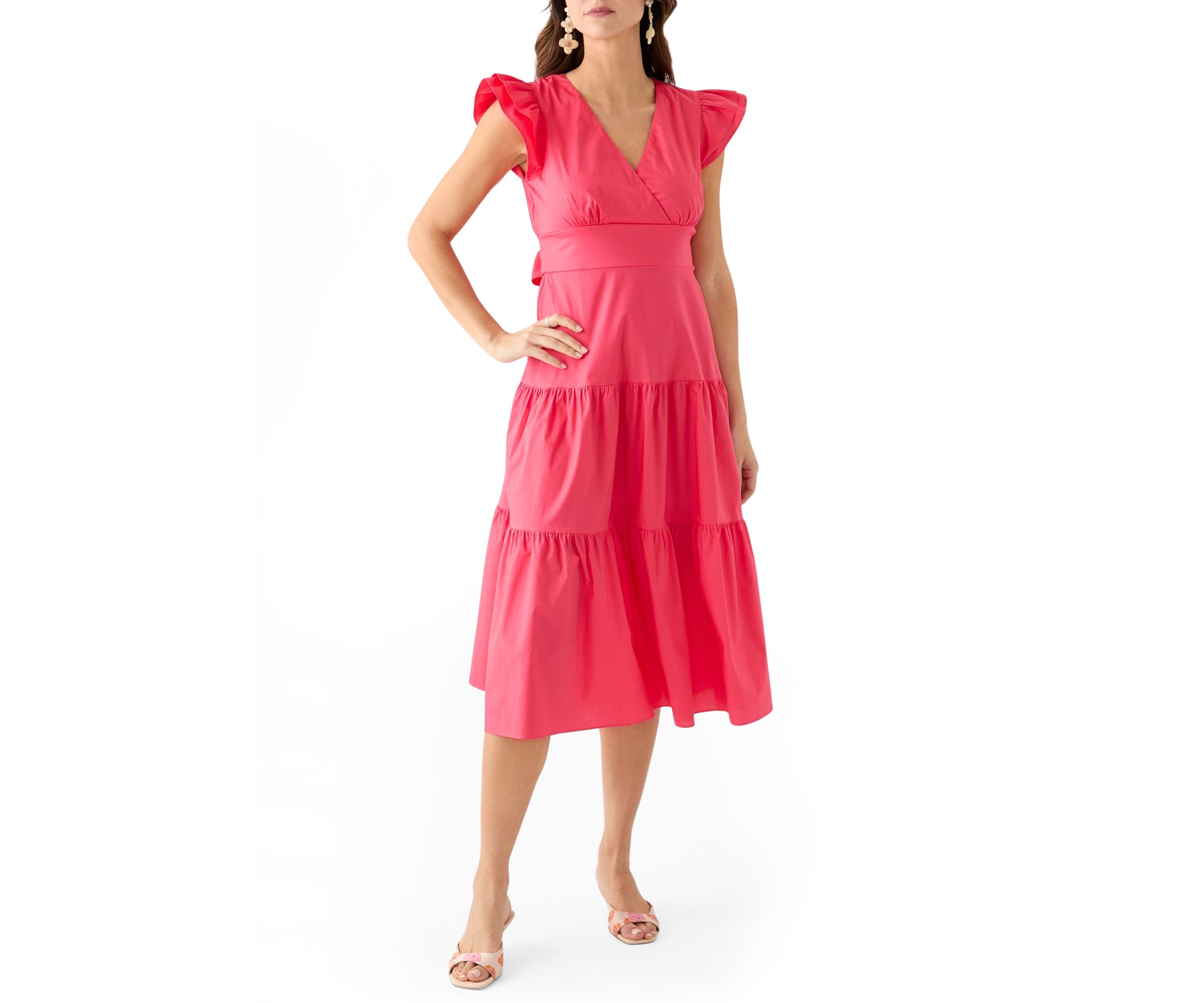 Womens Flutter Sleeve V-Neck Solid Midi Dress