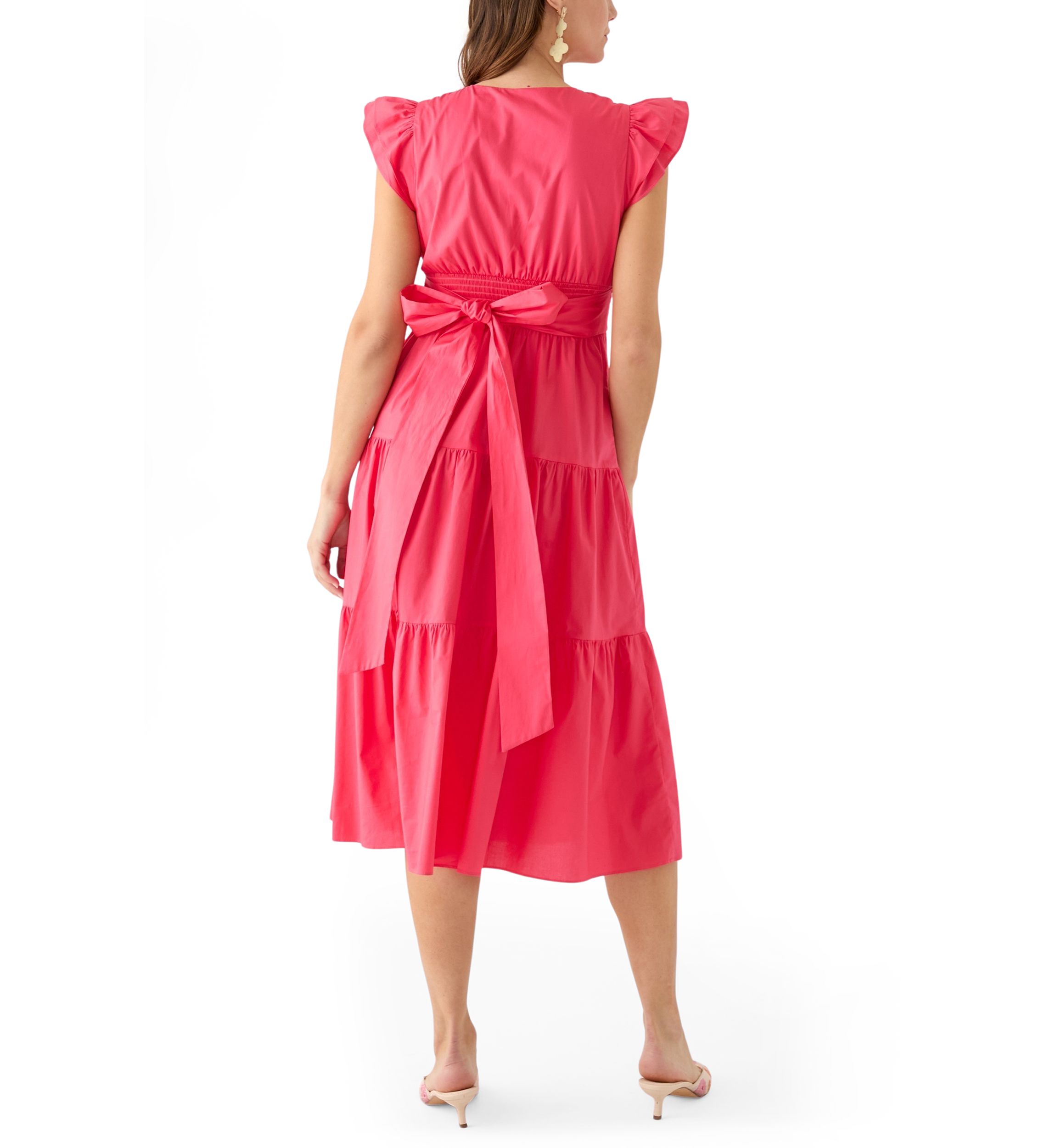 Womens Flutter Sleeve V-Neck Solid Midi Dress