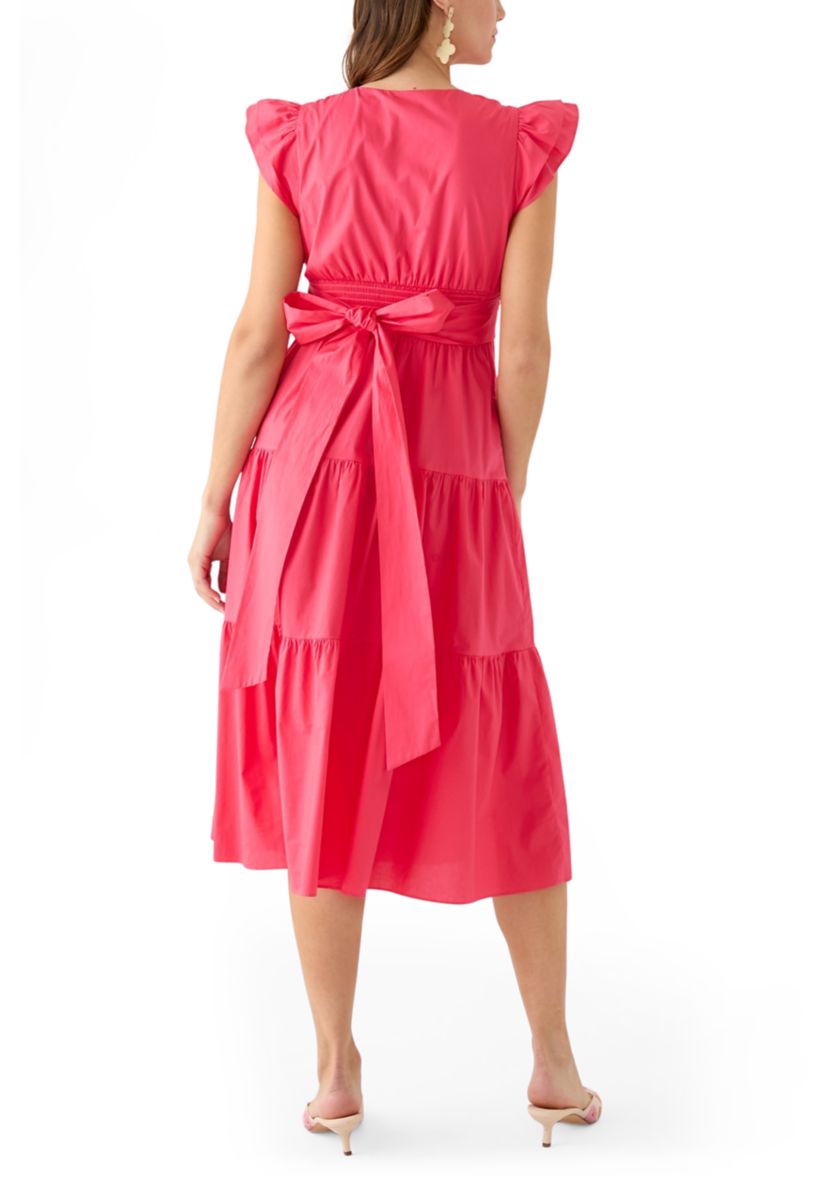 Womens Flutter Sleeve V-Neck Solid Midi Dress