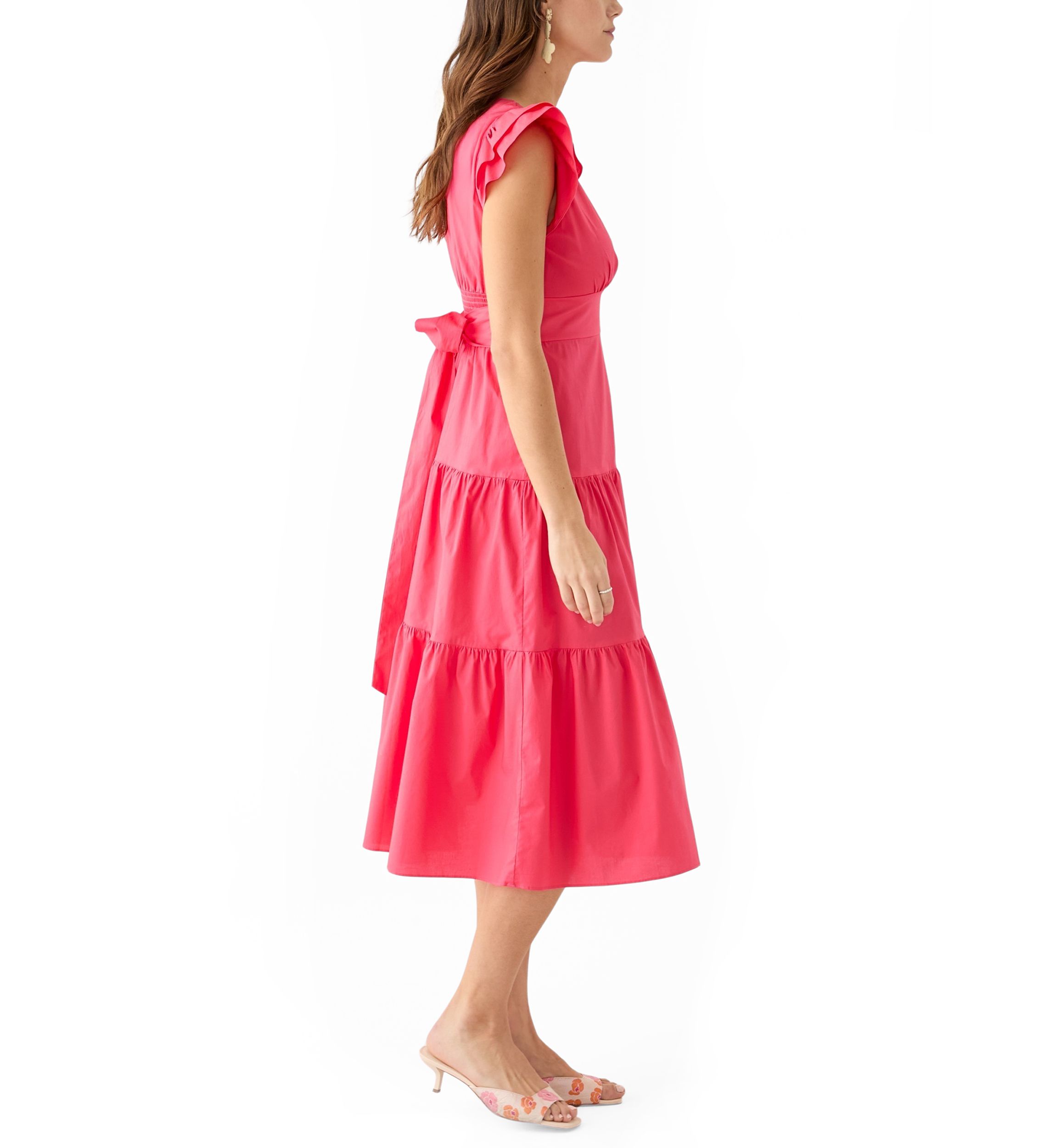 Womens Flutter Sleeve V-Neck Solid Midi Dress