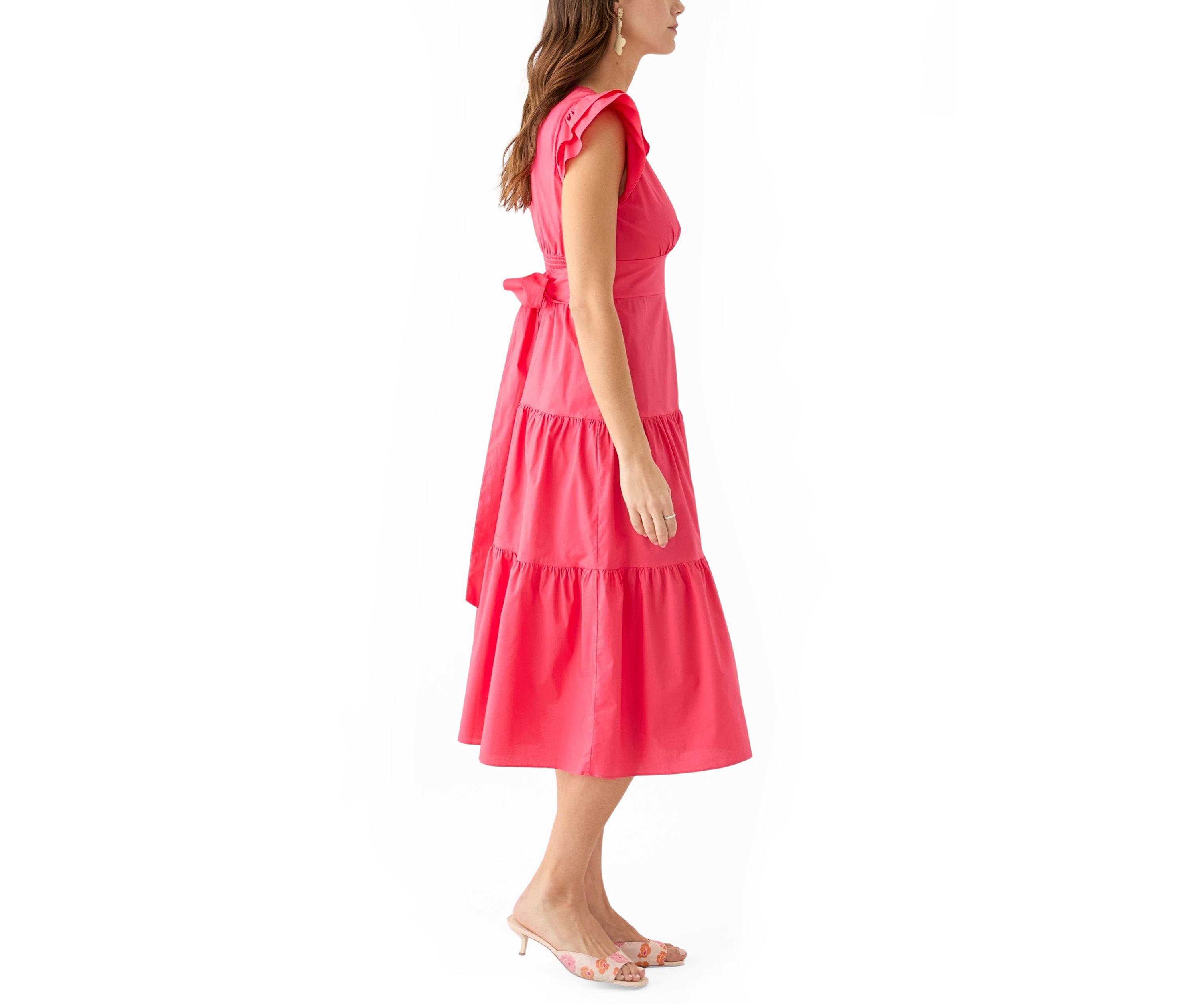 Womens Flutter Sleeve V-Neck Solid Midi Dress