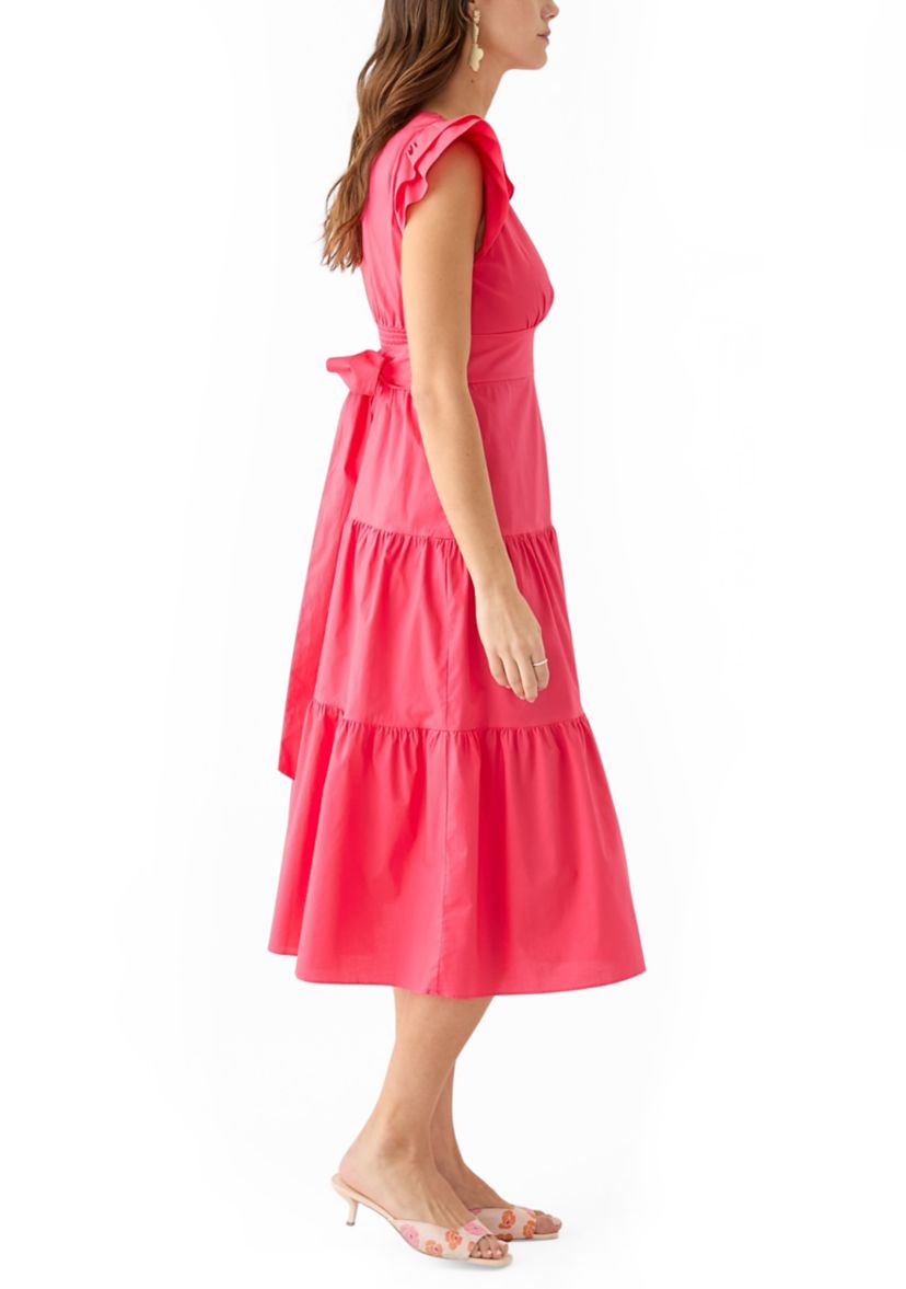 Womens Flutter Sleeve V-Neck Solid Midi Dress