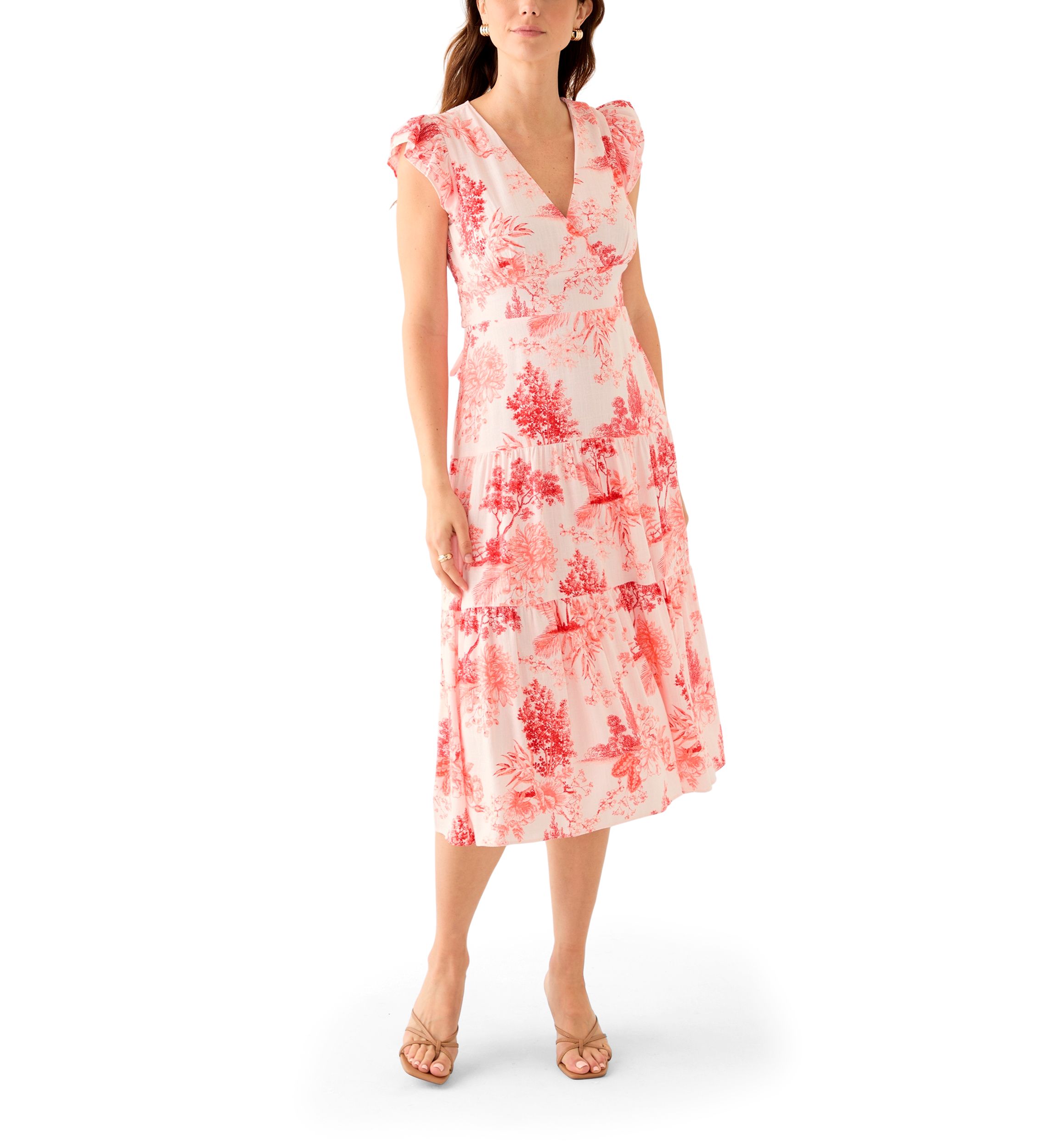 Womens Short Sleeve V-Neck Floral Print Linen Dress