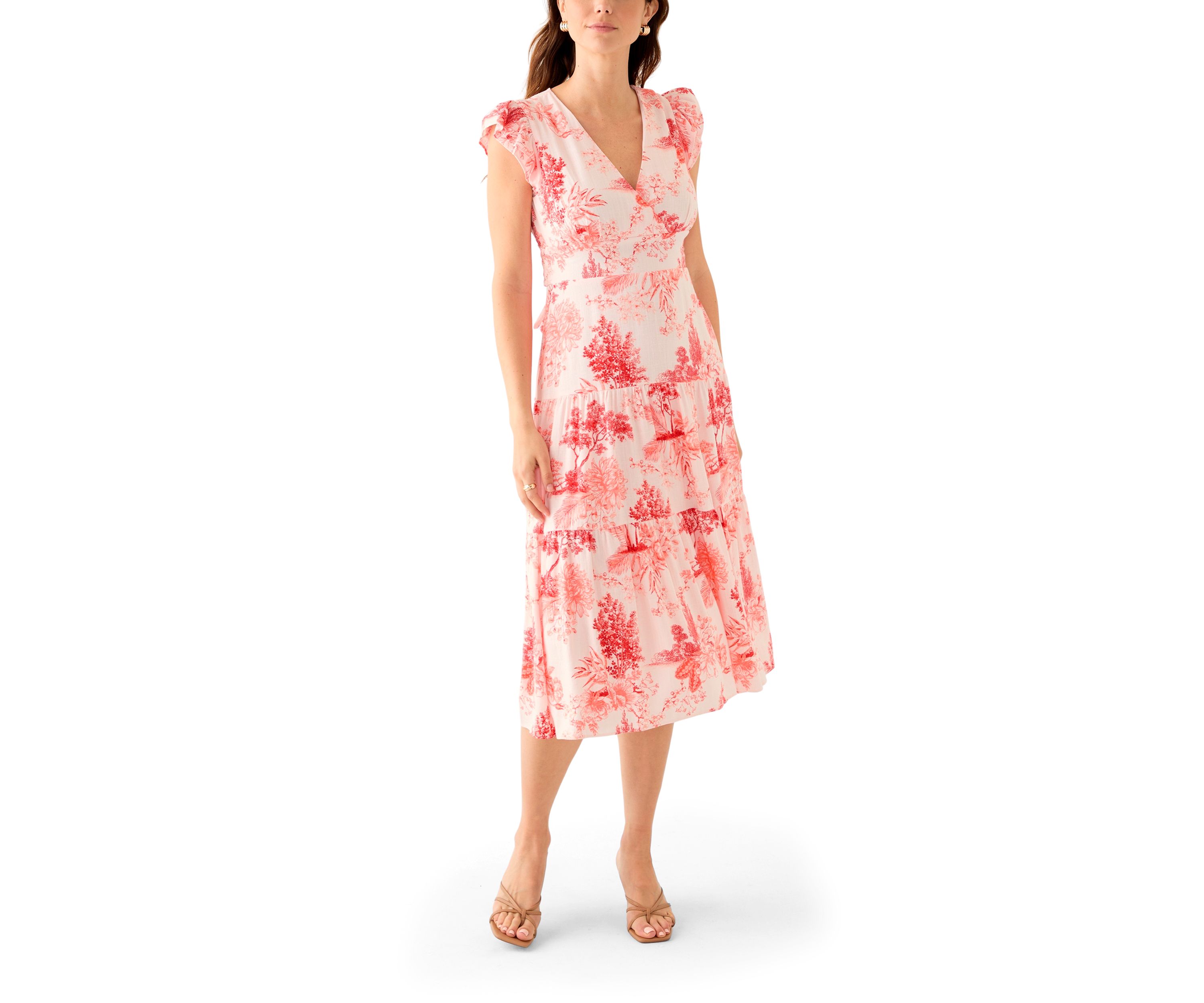 Womens Short Sleeve V-Neck Floral Print Linen Dress
