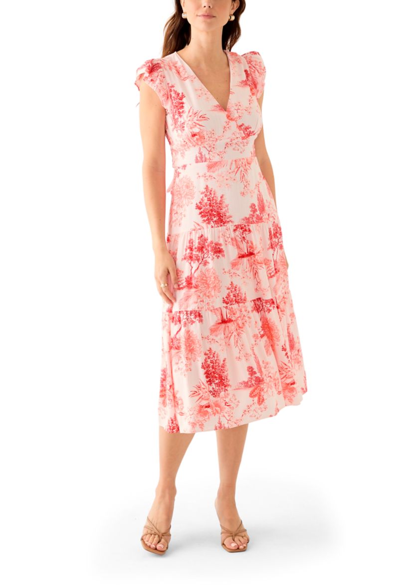 Womens Short Sleeve V-Neck Floral Print Linen Dress