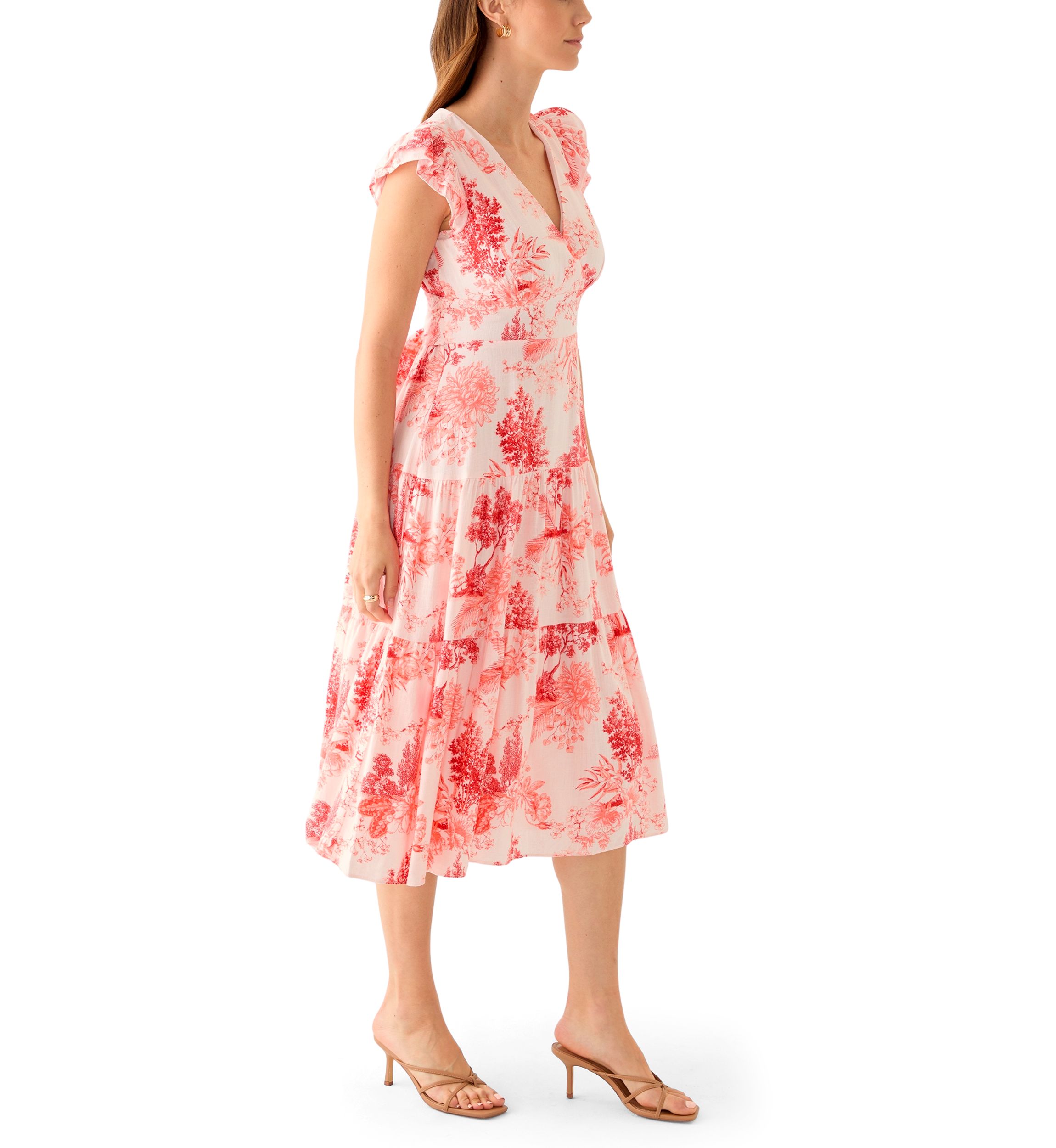 Womens Short Sleeve V-Neck Floral Print Linen Dress