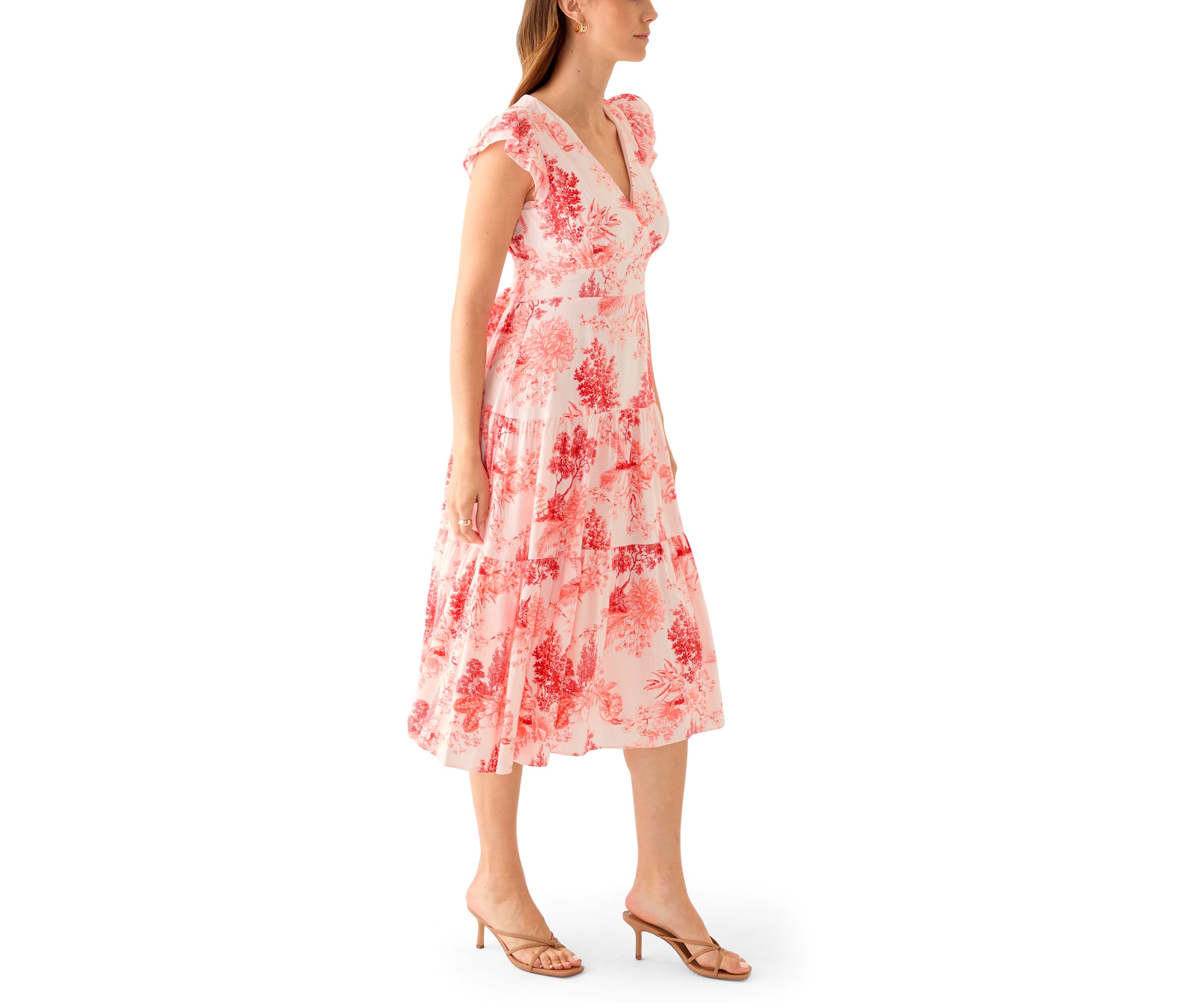 Womens Short Sleeve V-Neck Floral Print Linen Dress