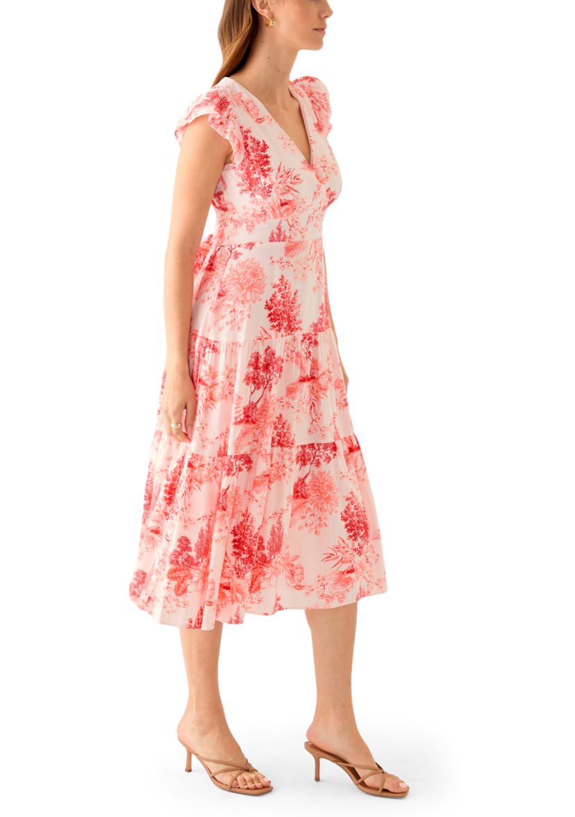 Womens Short Sleeve V-Neck Floral Print Linen Dress