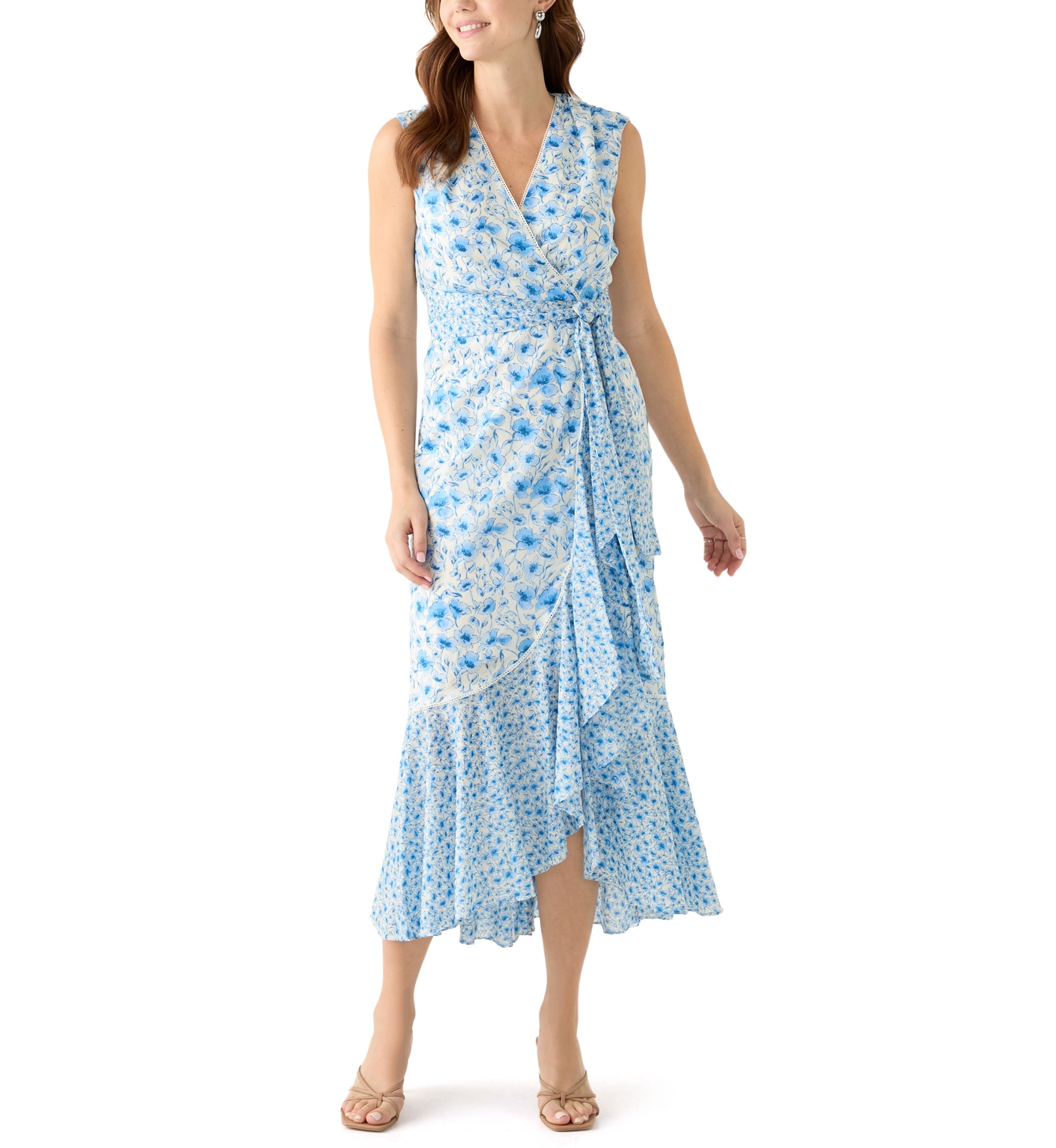 Womens Sleeveless V-Neck Floral Print Midi Dress