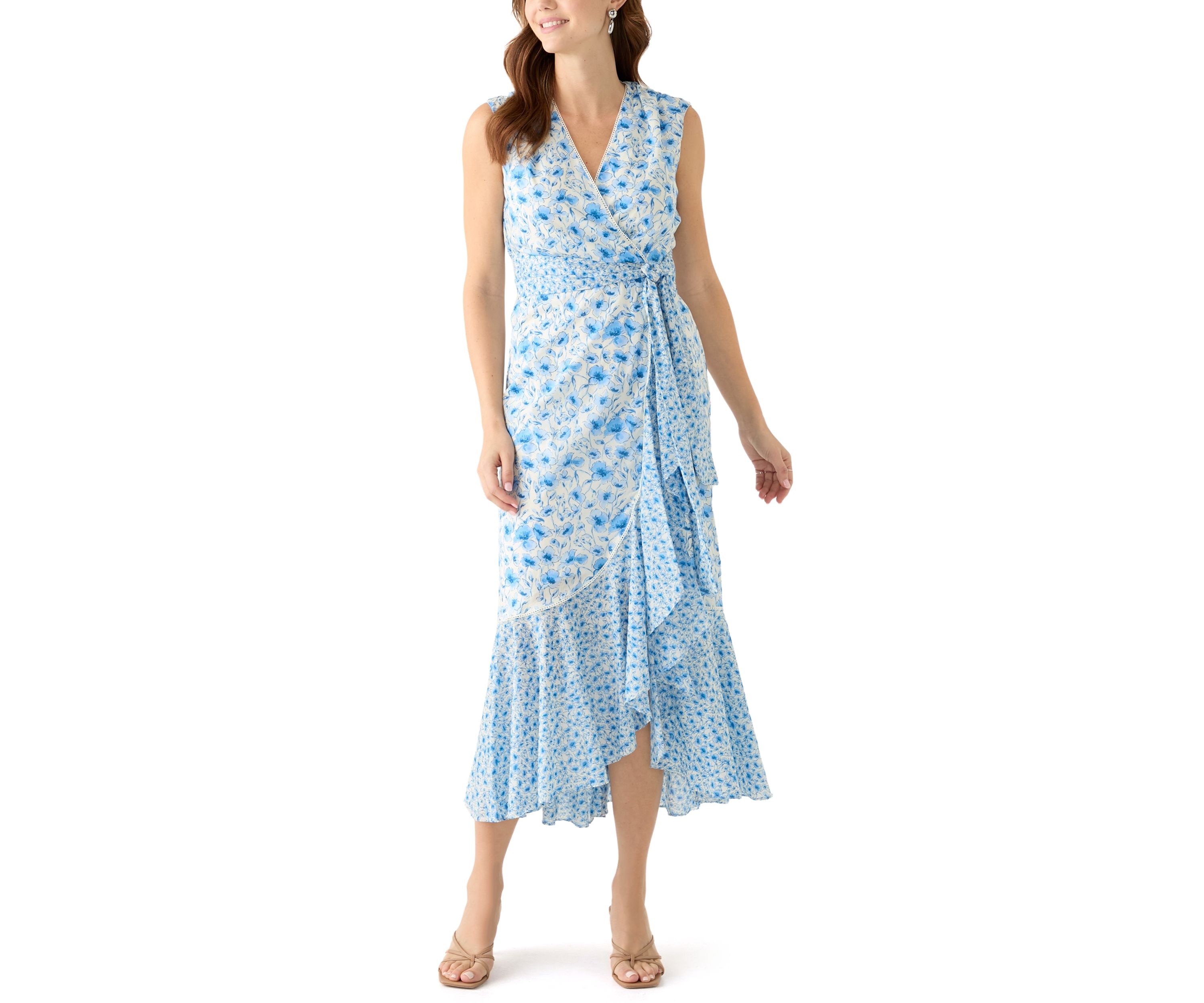Womens Sleeveless V-Neck Floral Print Midi Dress