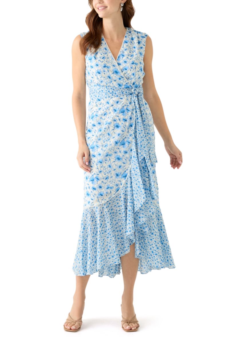 Womens Sleeveless V-Neck Floral Print Midi Dress