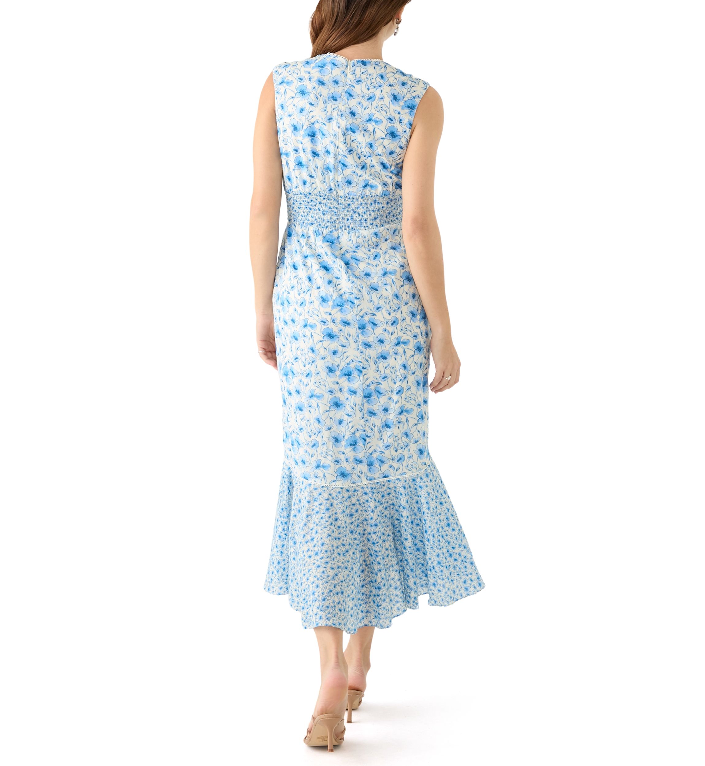 Womens Sleeveless V-Neck Floral Print Midi Dress