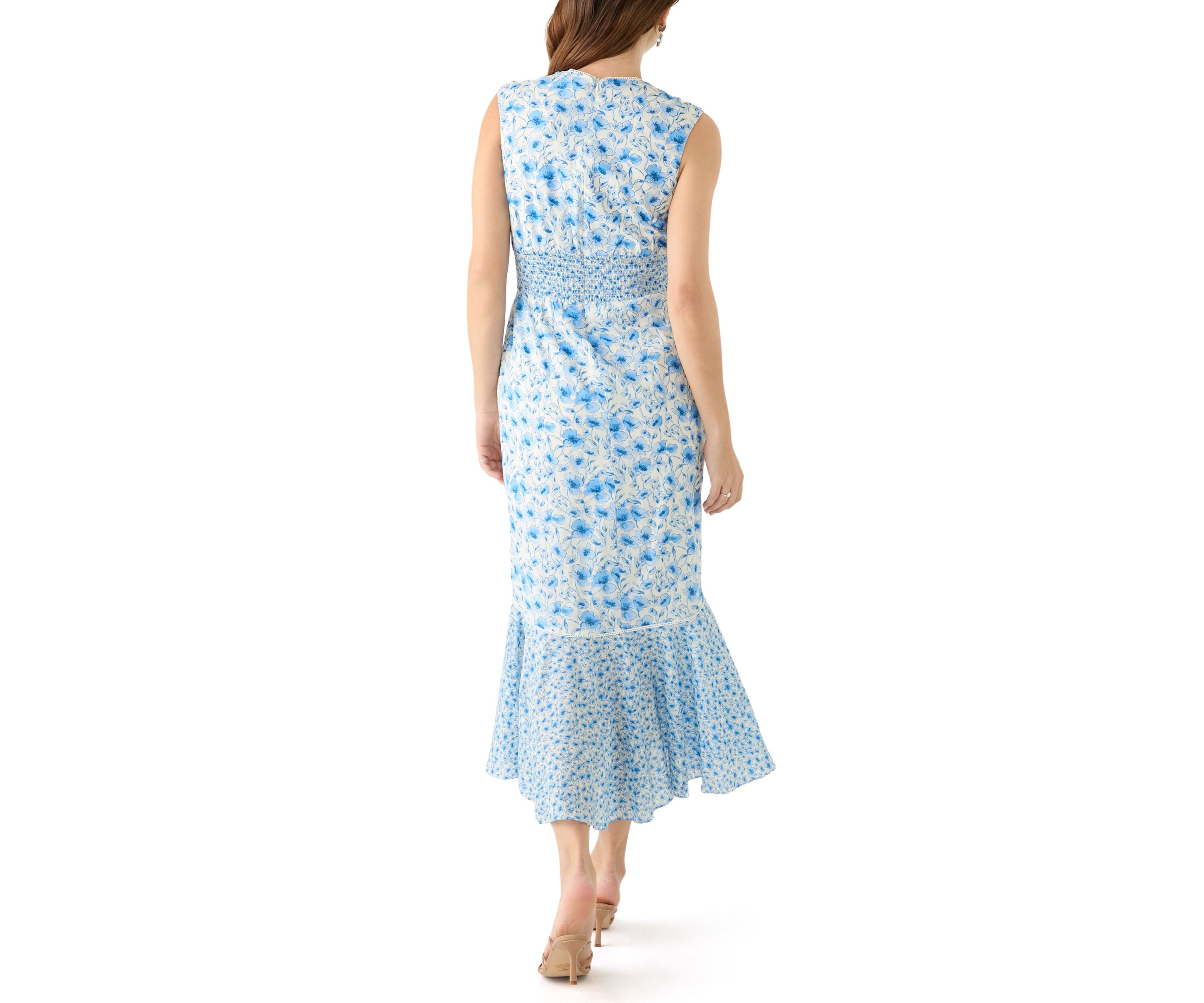 Womens Sleeveless V-Neck Floral Print Midi Dress