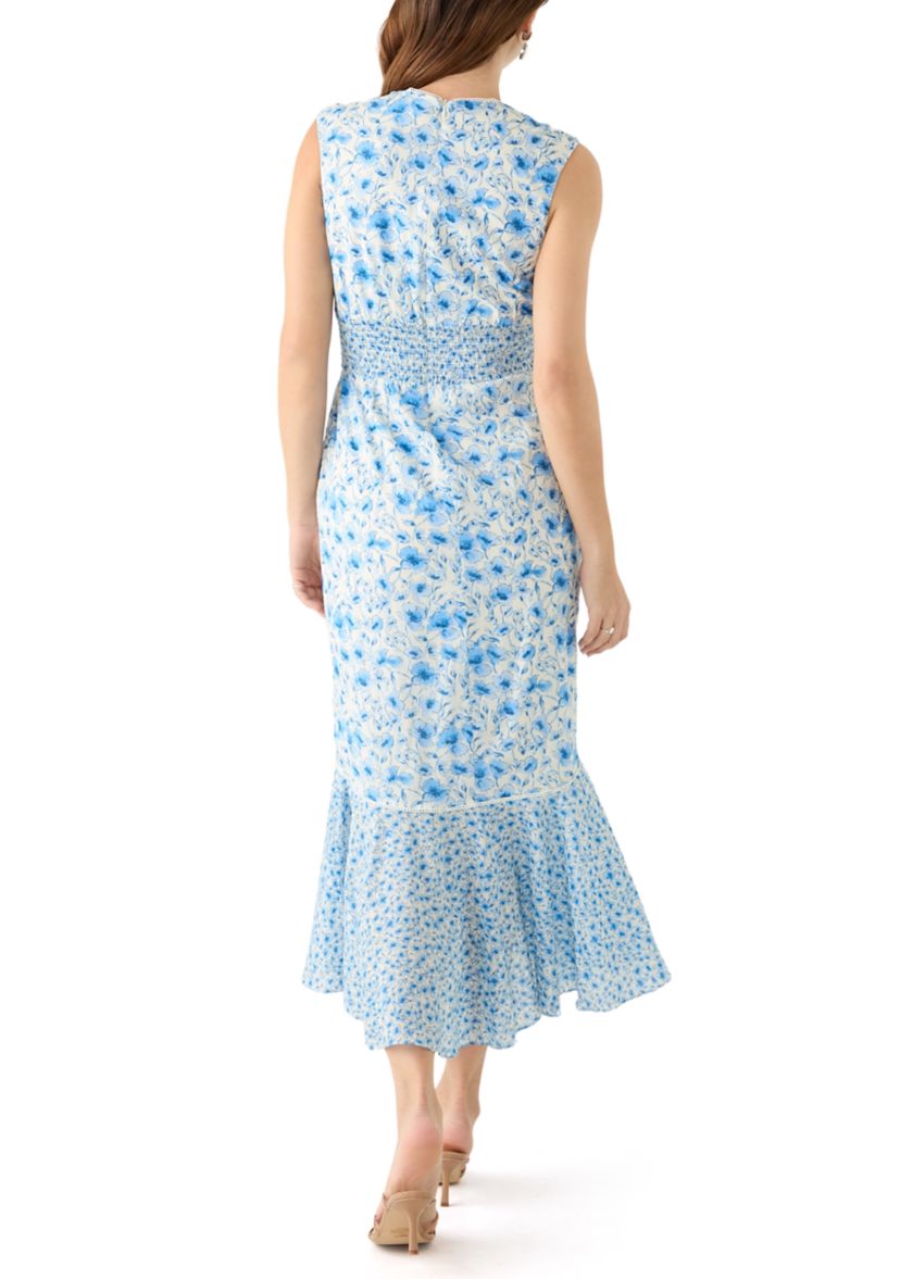 Womens Sleeveless V-Neck Floral Print Midi Dress