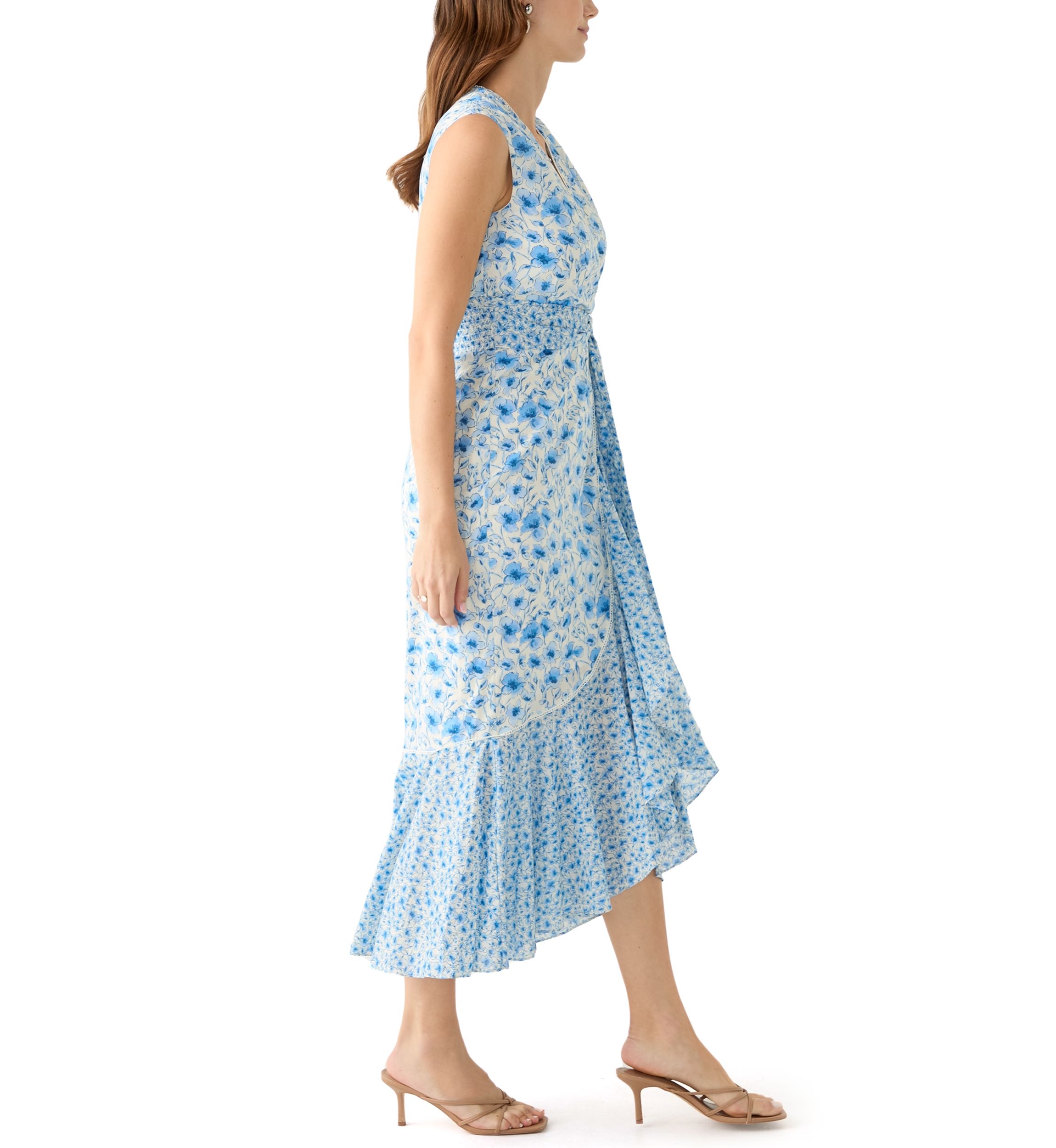 Womens Sleeveless V-Neck Floral Print Midi Dress