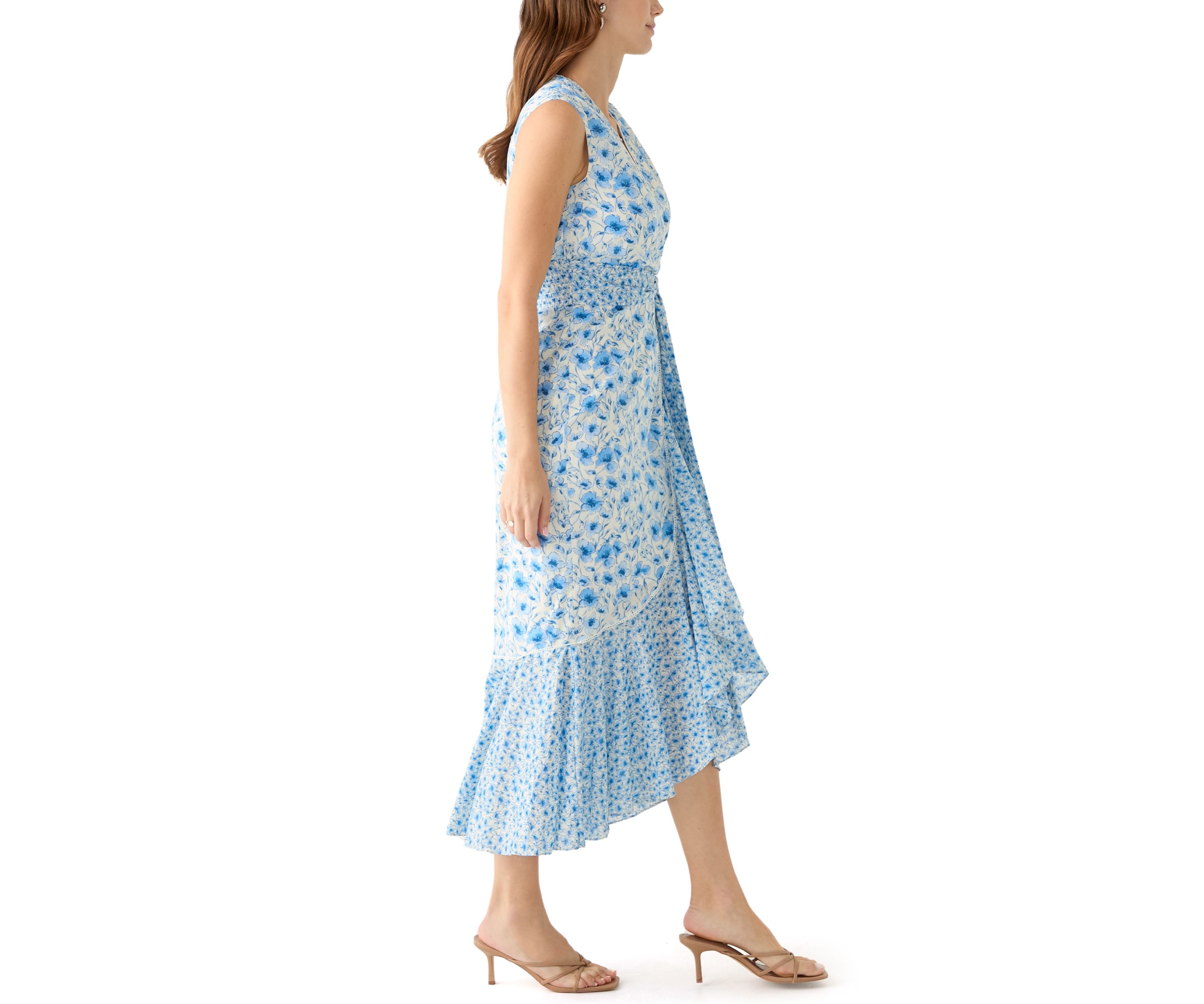 Womens Sleeveless V-Neck Floral Print Midi Dress
