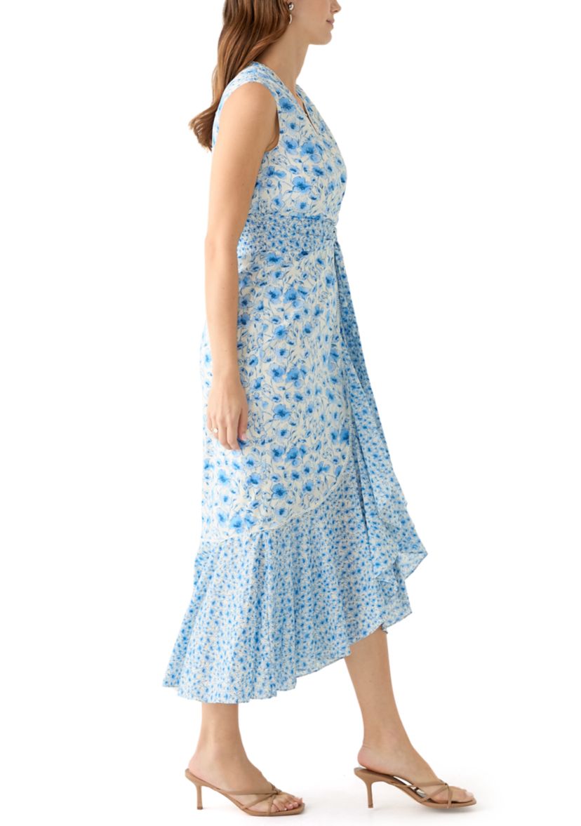 Womens Sleeveless V-Neck Floral Print Midi Dress