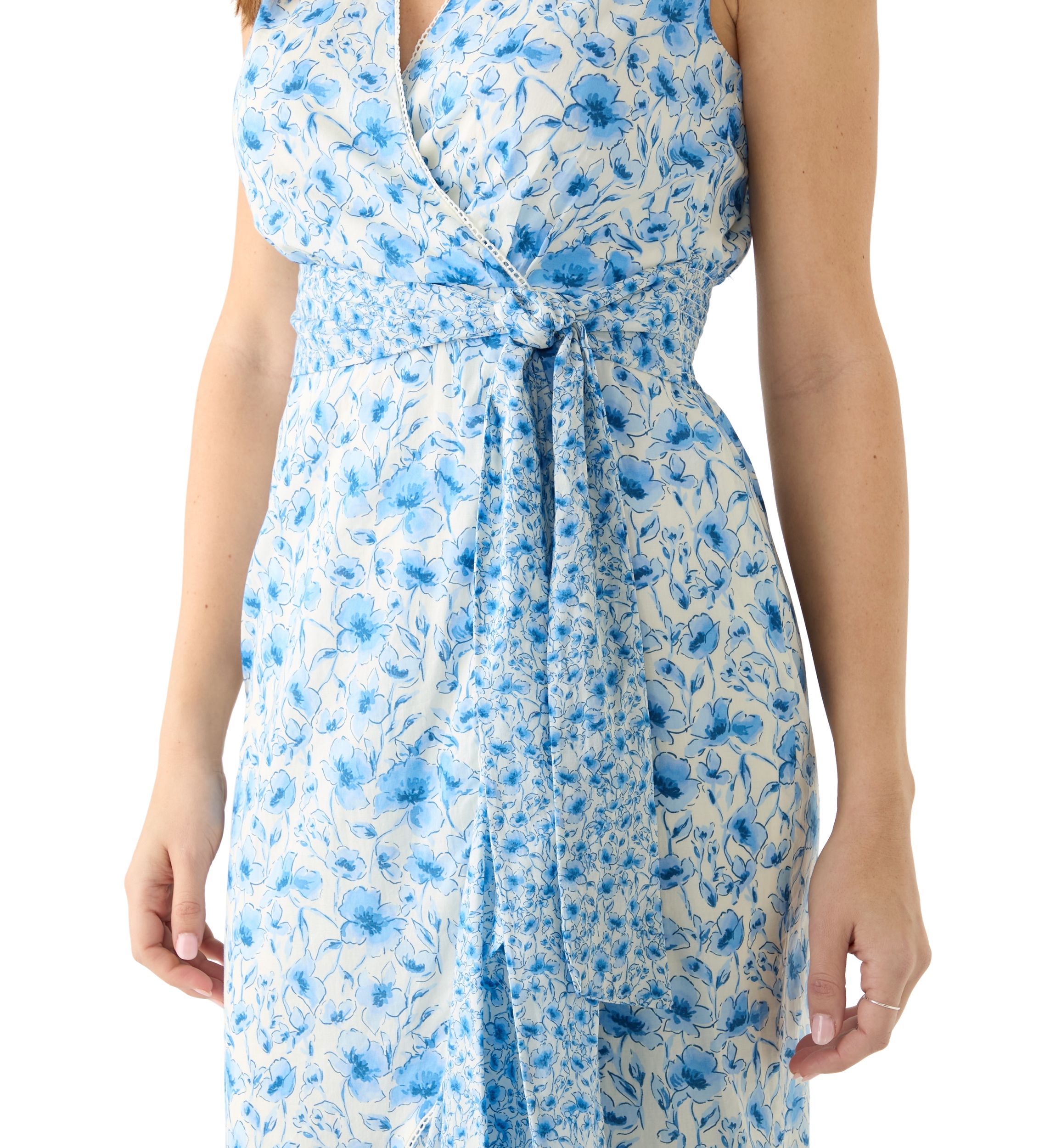 Womens Sleeveless V-Neck Floral Print Midi Dress