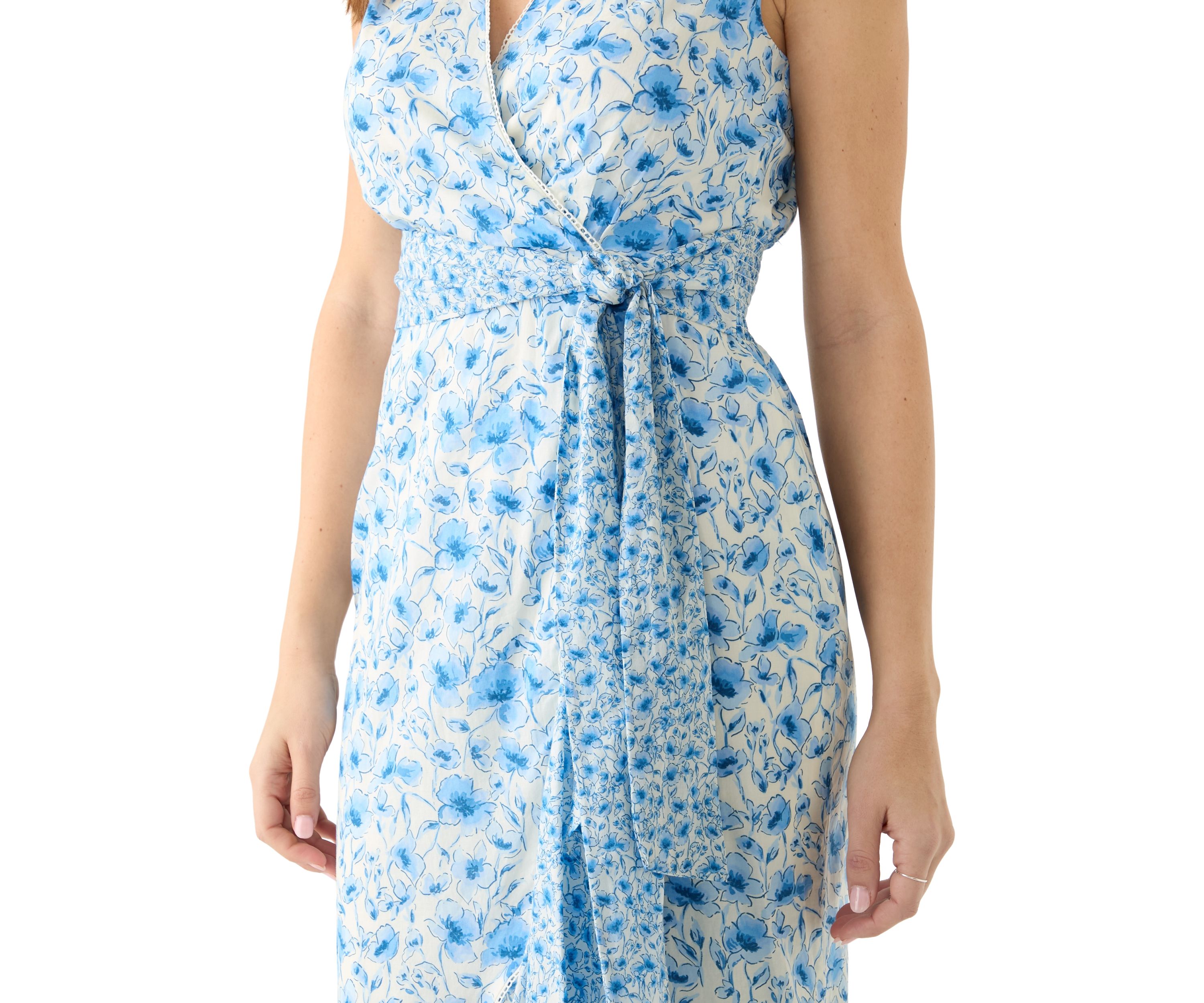 Womens Sleeveless V-Neck Floral Print Midi Dress