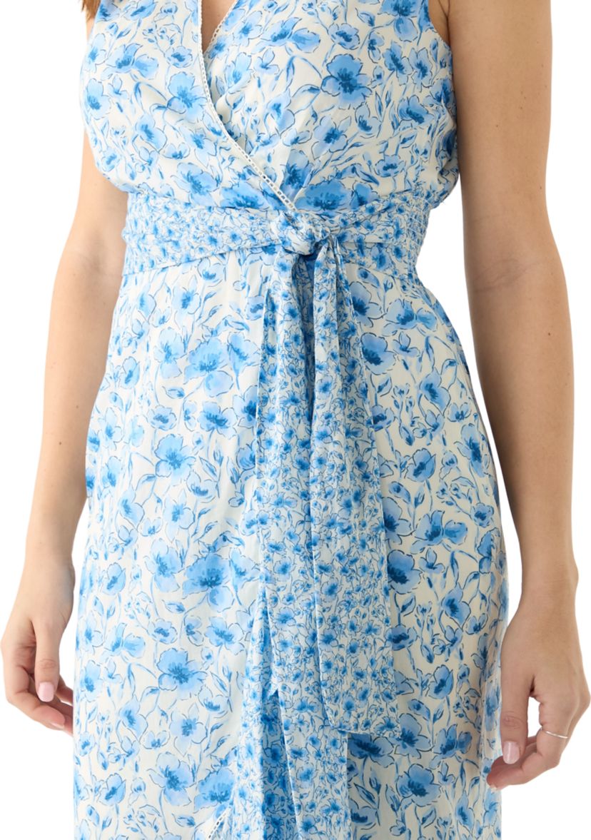 Womens Sleeveless V-Neck Floral Print Midi Dress