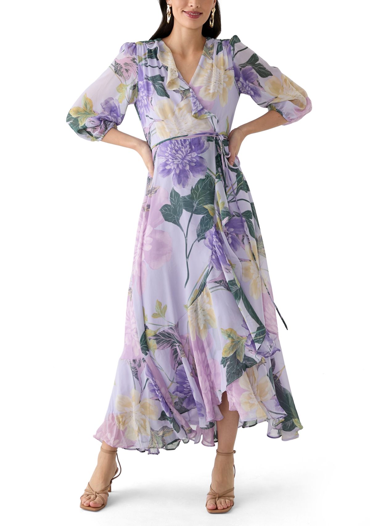Womens 3/4 Blouson Sleeve V-Neck Floral Print Maxi Dress