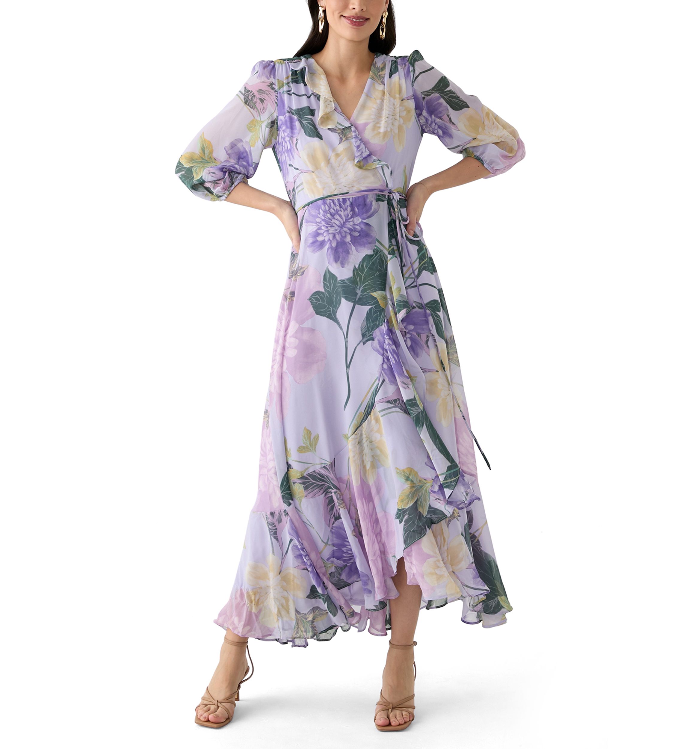 Womens 3/4 Blouson Sleeve V-Neck Floral Print Maxi Dress