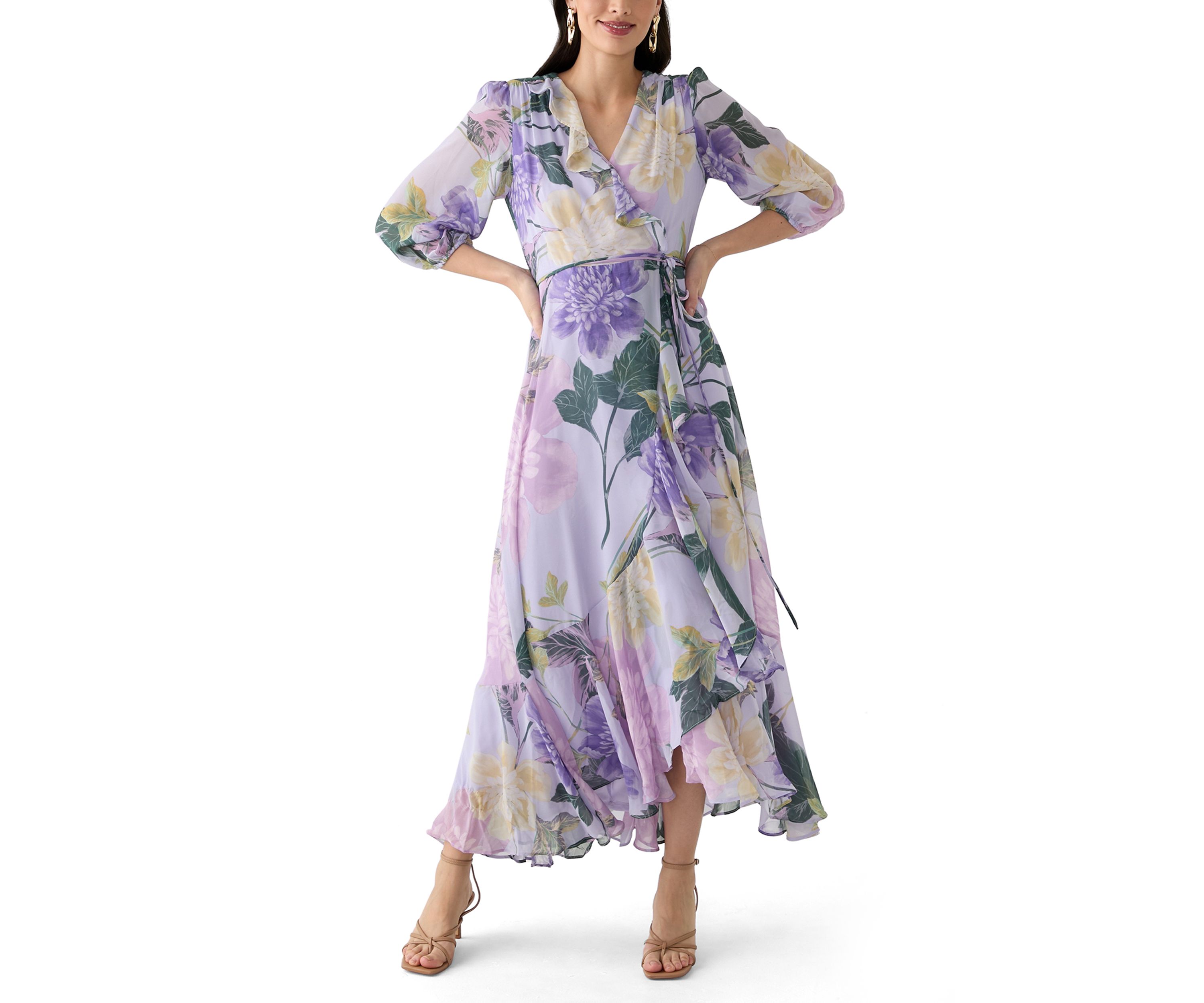 Womens 3/4 Blouson Sleeve V-Neck Floral Print Maxi Dress