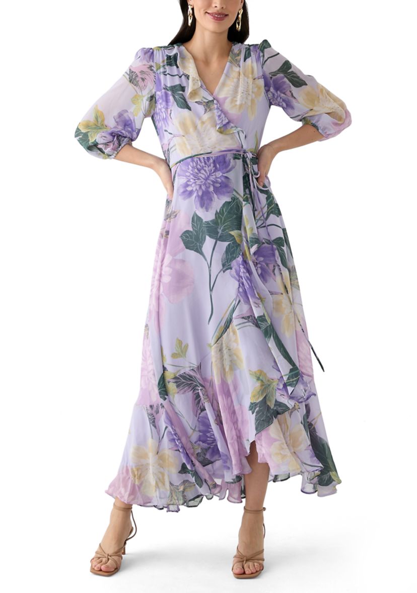 Womens 3/4 Blouson Sleeve V-Neck Floral Print Maxi Dress