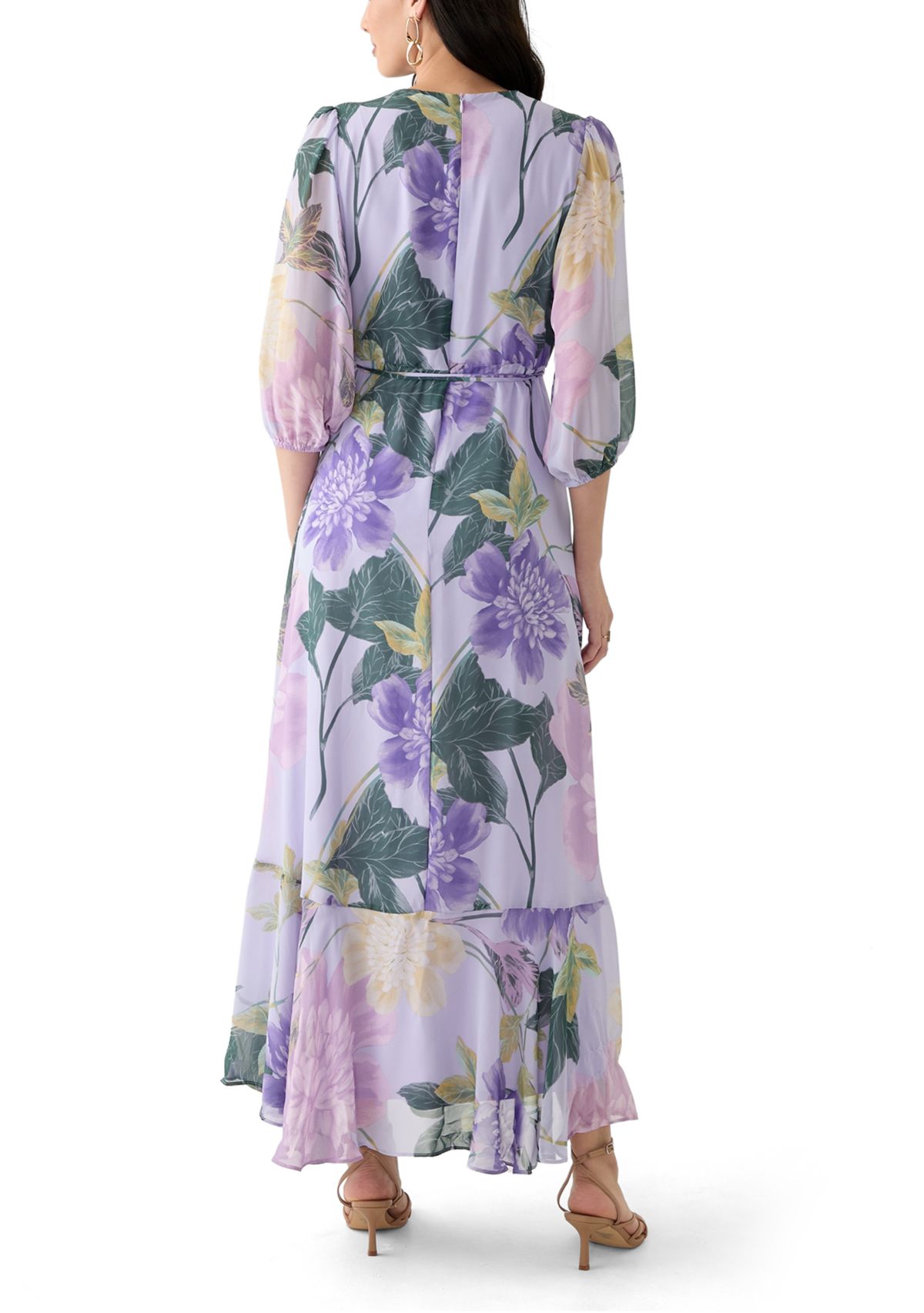 Womens 3/4 Blouson Sleeve V-Neck Floral Print Maxi Dress