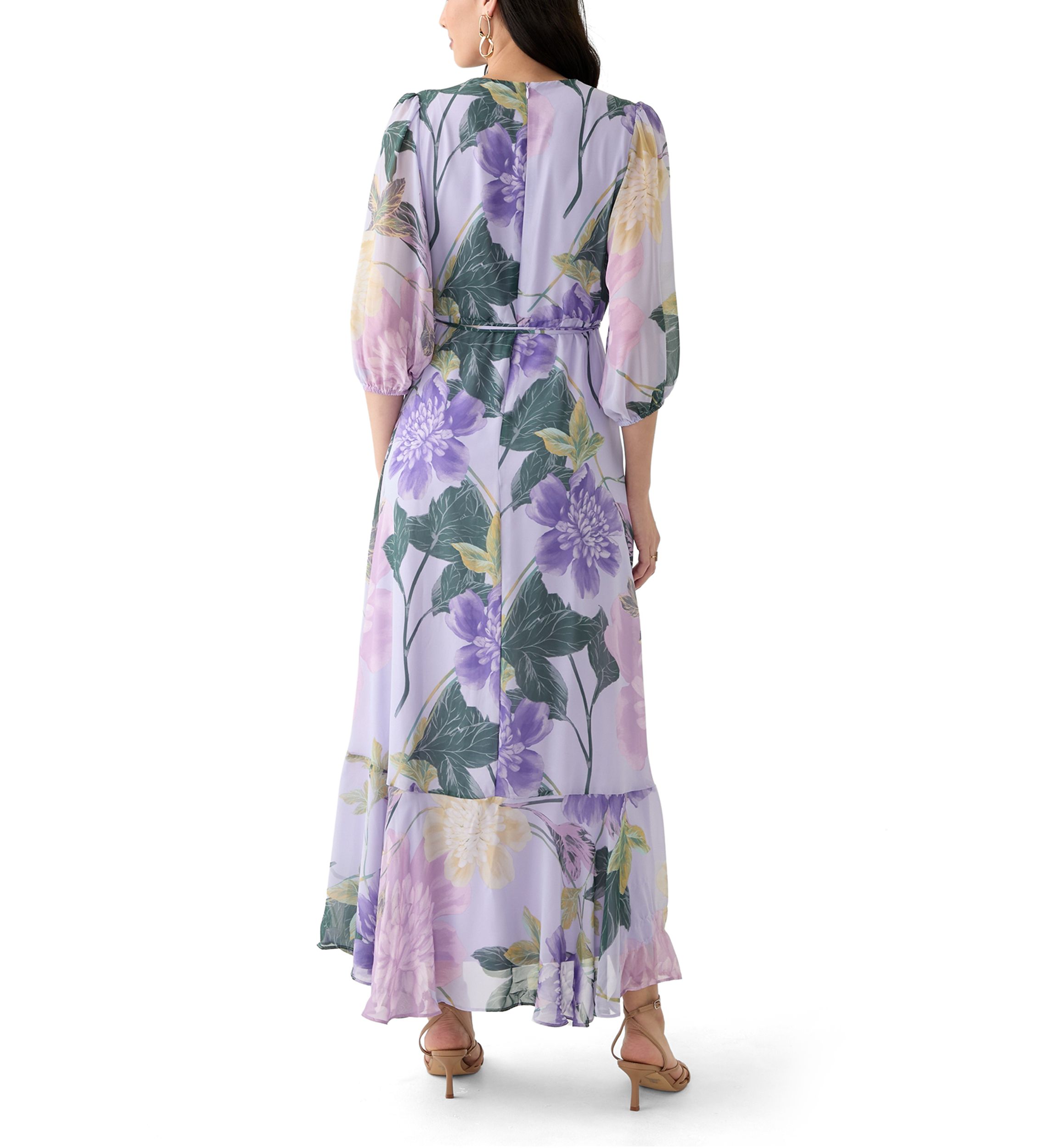 Womens 3/4 Blouson Sleeve V-Neck Floral Print Maxi Dress