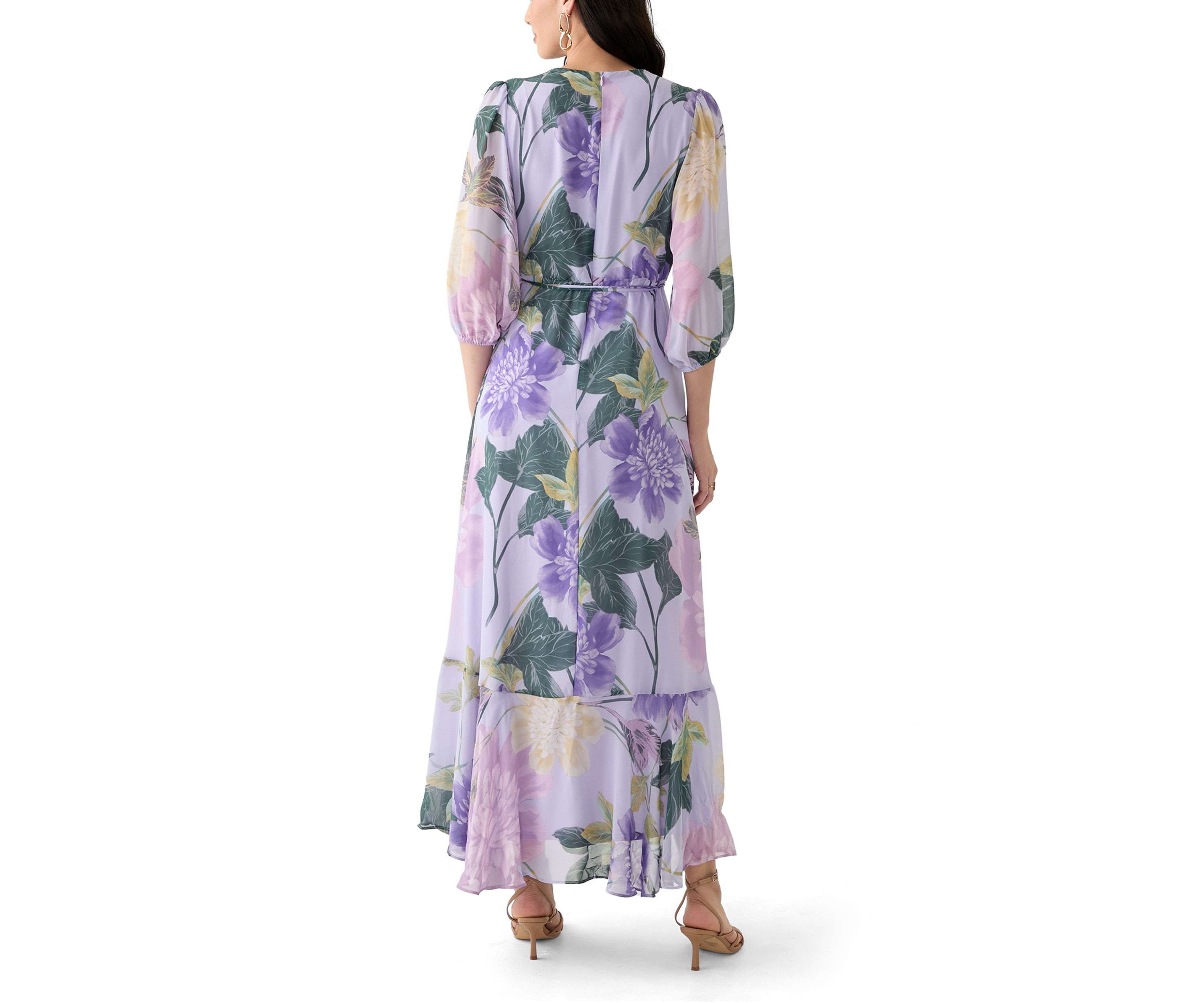 Womens 3/4 Blouson Sleeve V-Neck Floral Print Maxi Dress