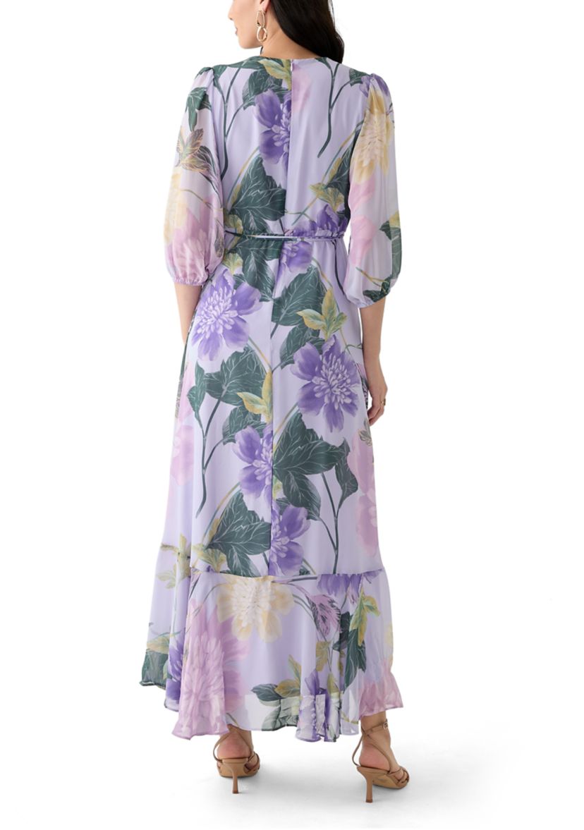 Womens 3/4 Blouson Sleeve V-Neck Floral Print Maxi Dress