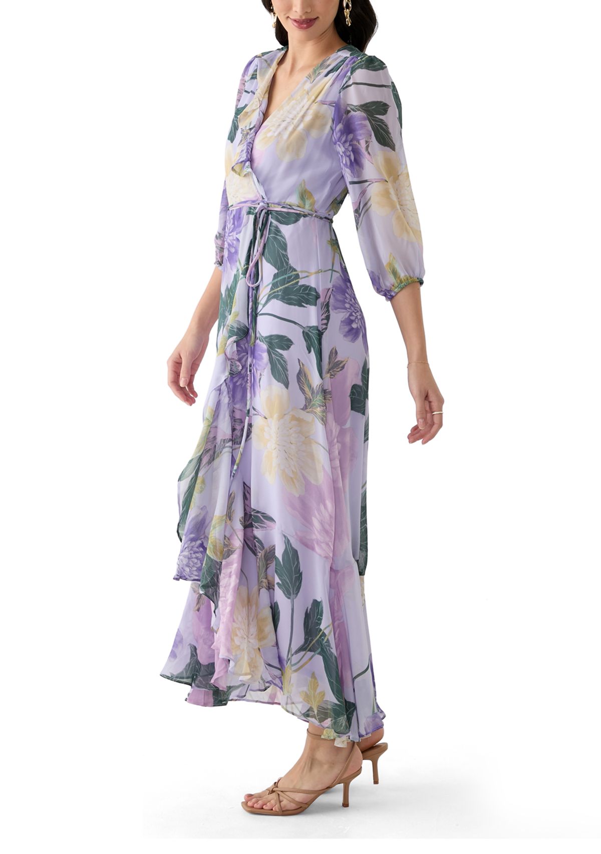 Womens 3/4 Blouson Sleeve V-Neck Floral Print Maxi Dress