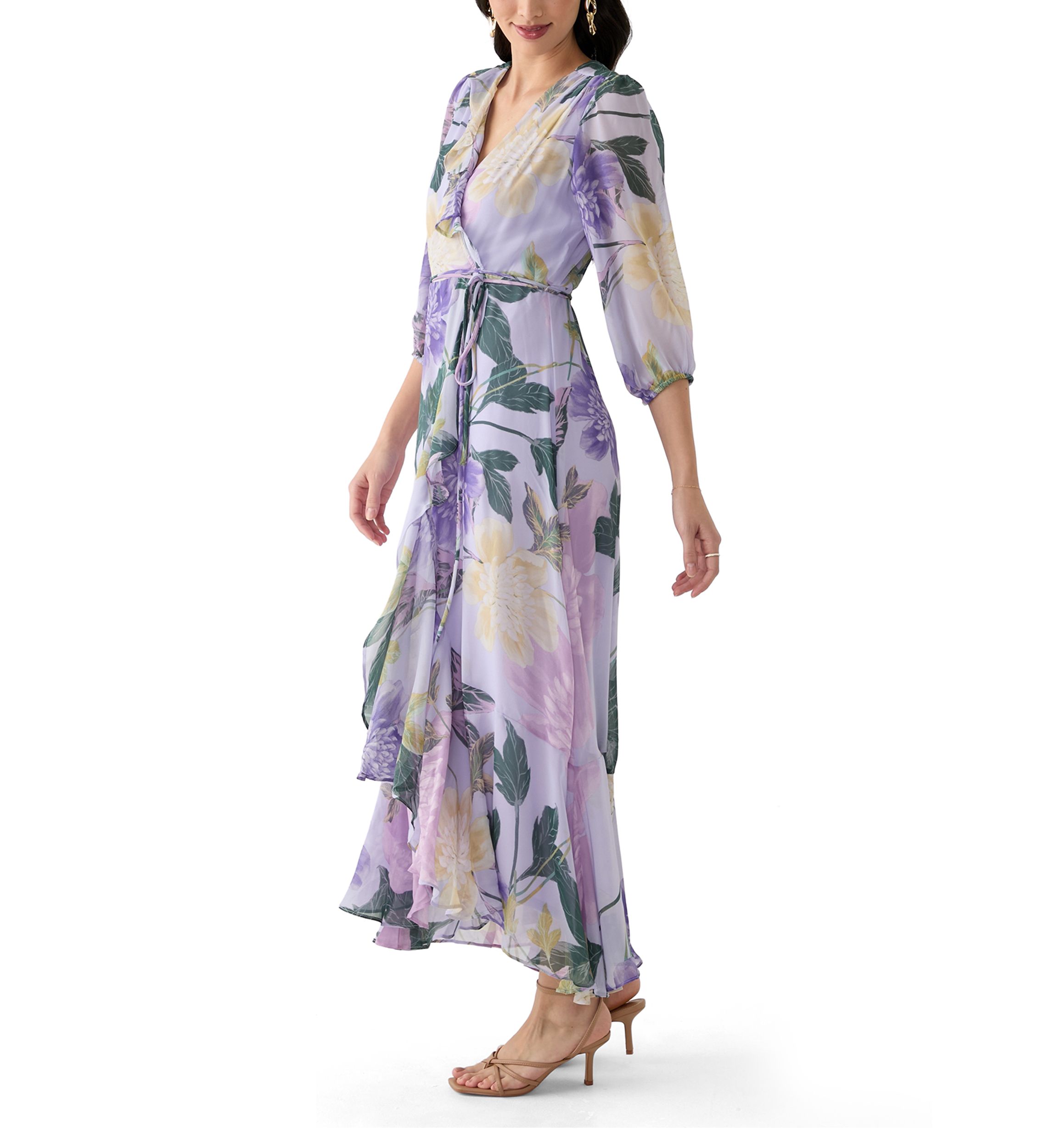 Womens 3/4 Blouson Sleeve V-Neck Floral Print Maxi Dress