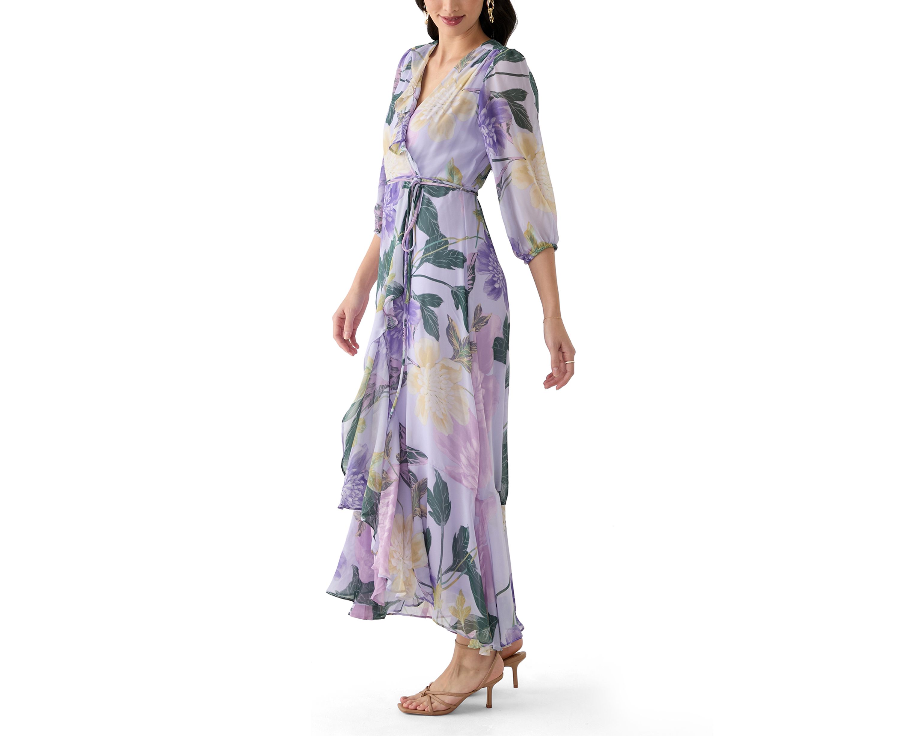 Womens 3/4 Blouson Sleeve V-Neck Floral Print Maxi Dress